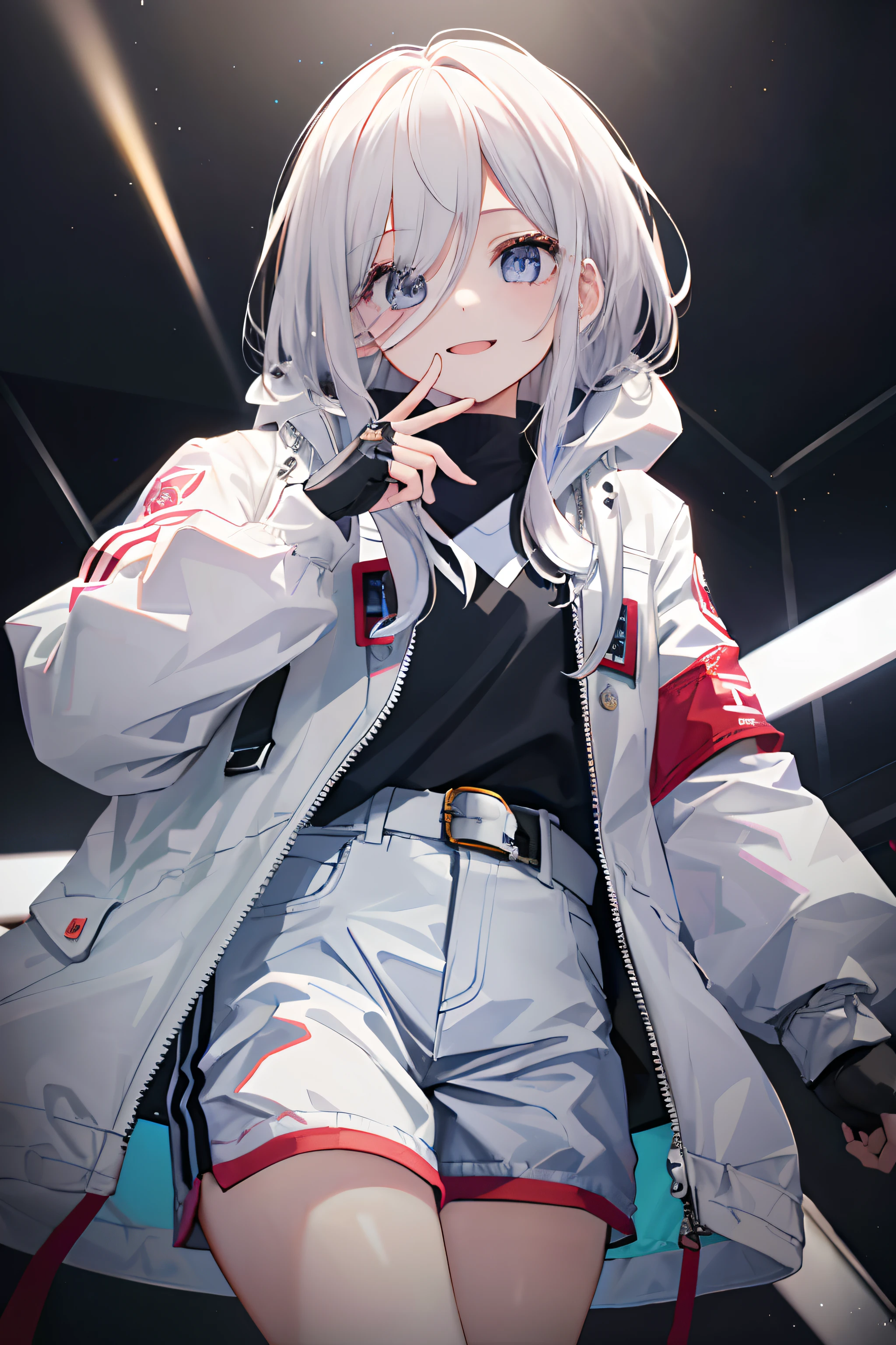 ，1girll,(Masterpiece, Best quality:1.1),独奏, Curvy, Evil smile,White jacket, Casual style,Open jacket, belt, Cowboy shot、White color hair，a small face、hason、Bright smile、(Parka、Finger gloves、White sneakers)、(Fine fingers、human hand)、(Detailed face) 、(top-quality: 1.4、tmasterpiece、 hyper HD、 Top resolution,、The is very detailed、 profesional lighting、 Gray light illumination、low angle from below)