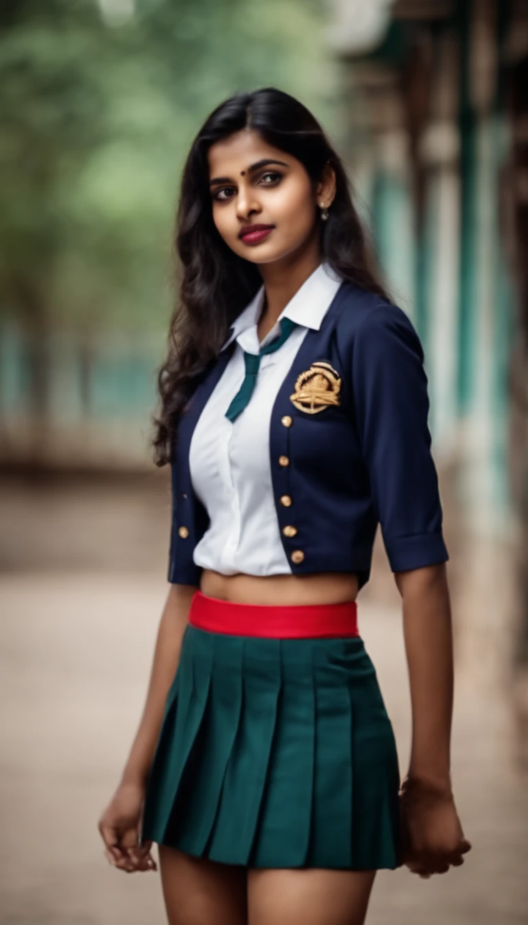 indian girl with huge boobs in a mini skirt school uniform, standing pose, big breasts, thick thighs, slim waist, biting her lips