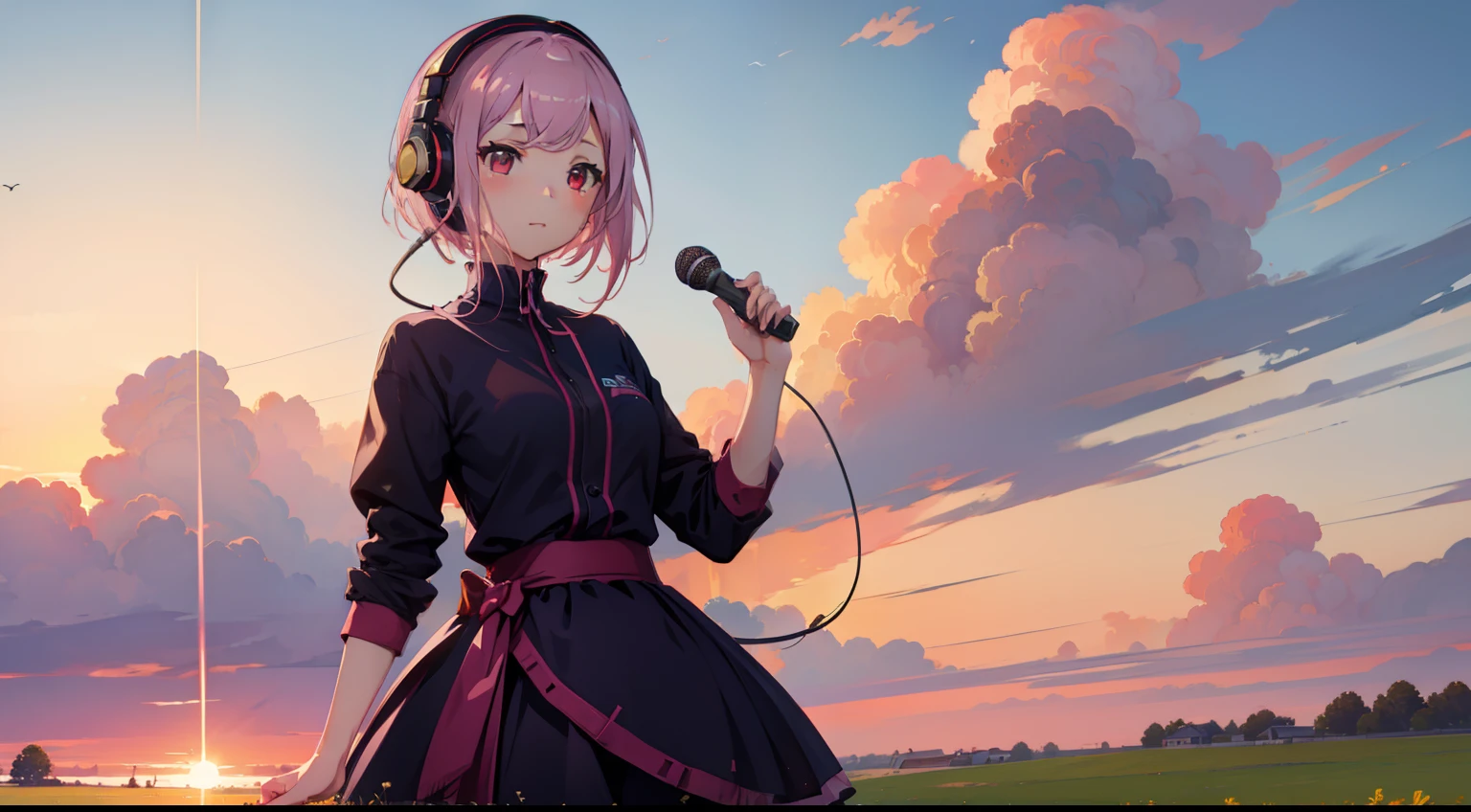 masterpiece、top-quality、 stills、1girl in、animesque、pink there Shorthair、singers、illustratio、neat and clean clothes、microphone、headphones、kawaii、Large grasslands、the setting sun(Spark:0.7)