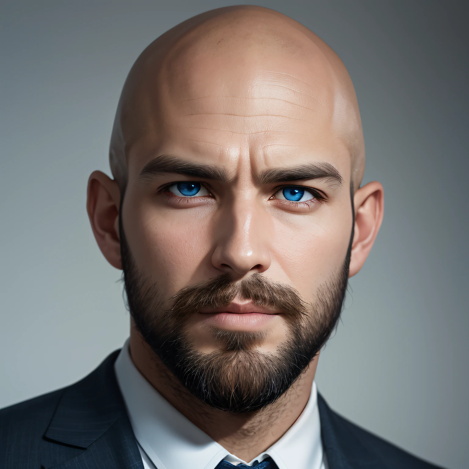 Create focused only on the face of a 37-year-old looking man with blue eyes, beautiful mouth, handsome model face, slightly large beard well done, appearance of being a little bad, bald head, 4K