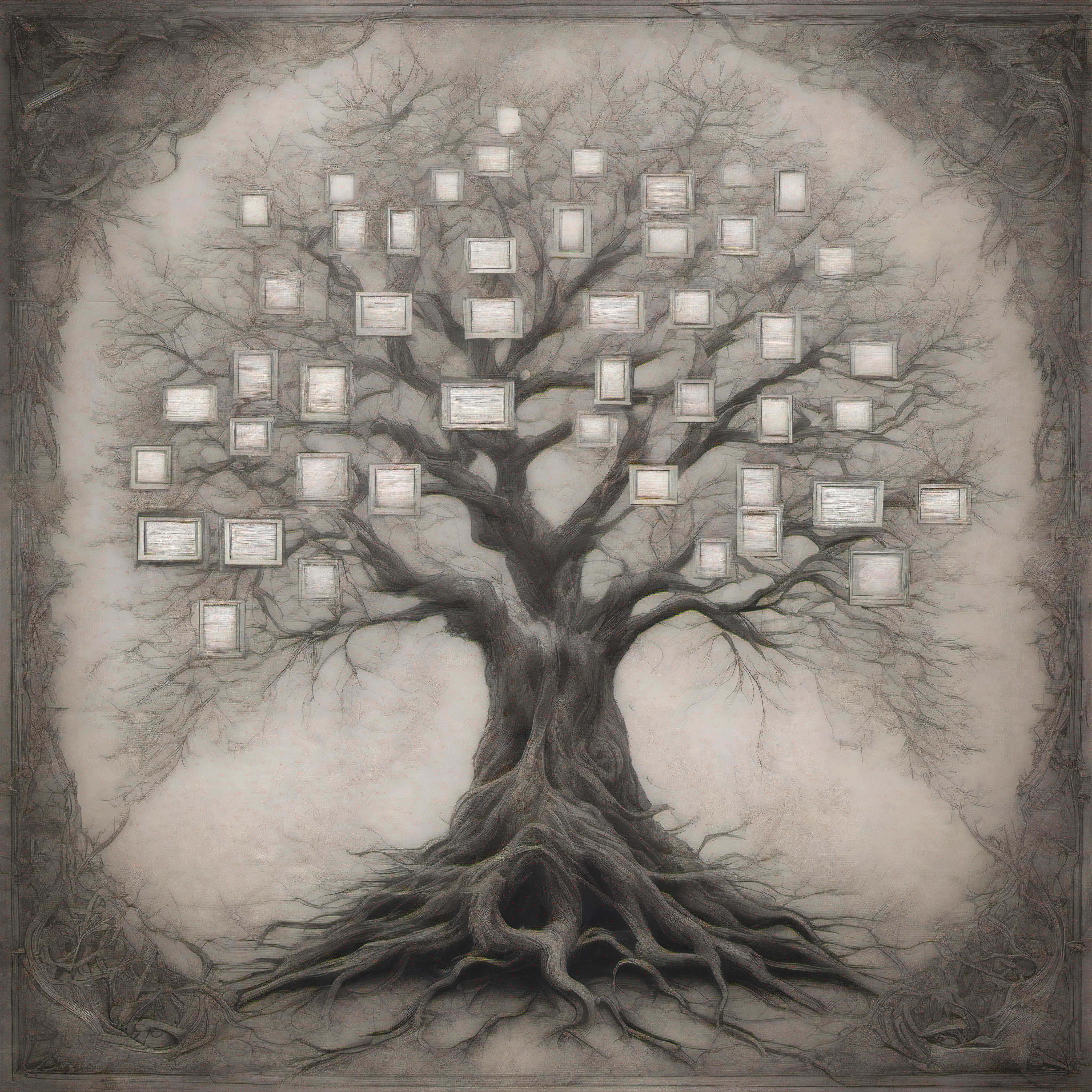 a single family tree in the style of white chalk and a blackboard background, small picture frames scattered on the branches of the branches and roots