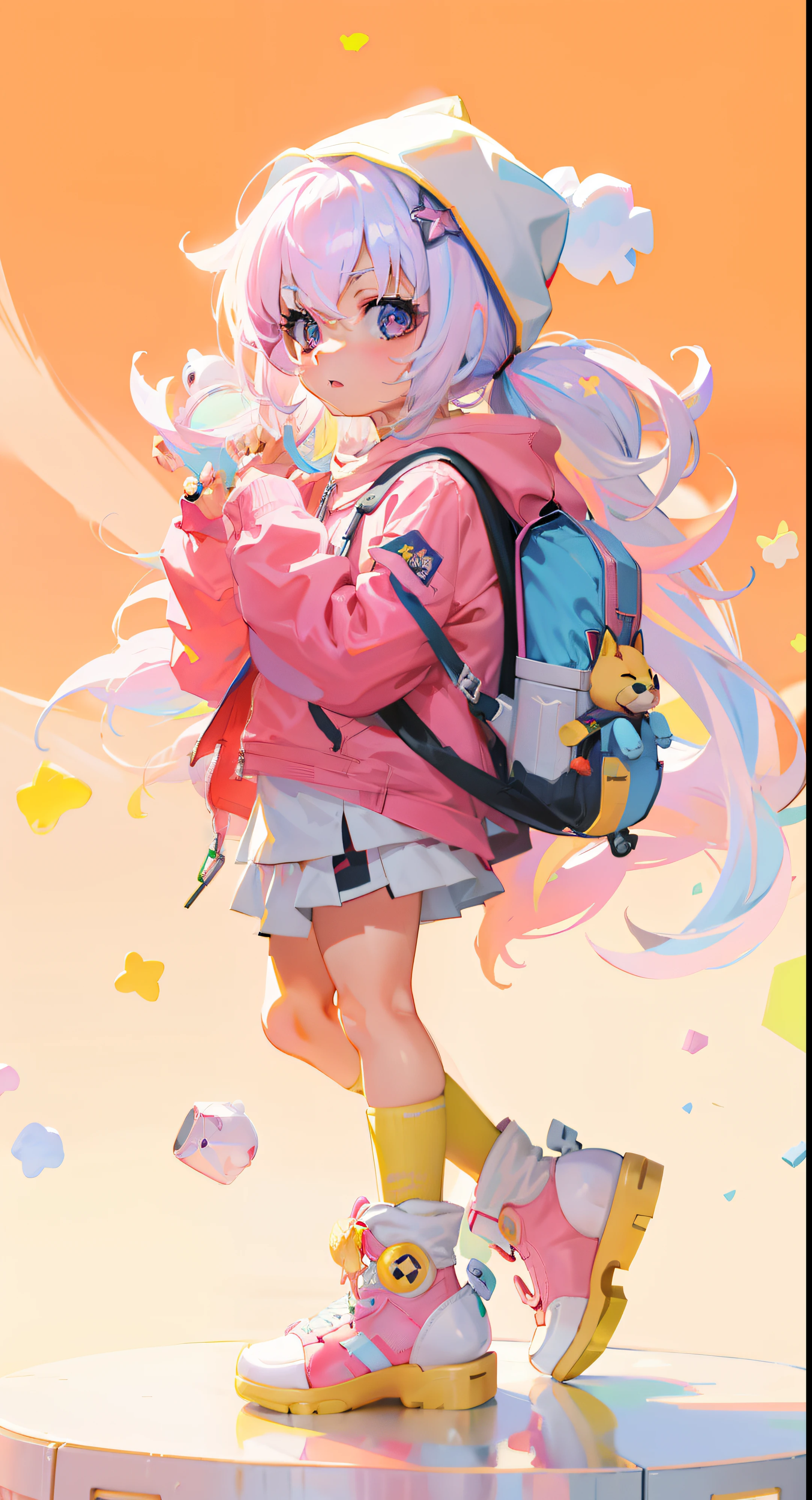 Anime girl walking on sunny day with backpack and toys, Guviz-style artwork, lovely art style, anime styled 3d, Cute detailed digital art, Soft anime illustration, render of a cute 3d anime girl, by Russell Dongjun Lu, adorable digital art, Colorful! Character design, low details. Digital painting, lovely digital painting,The girl's outfit is tied in purple
