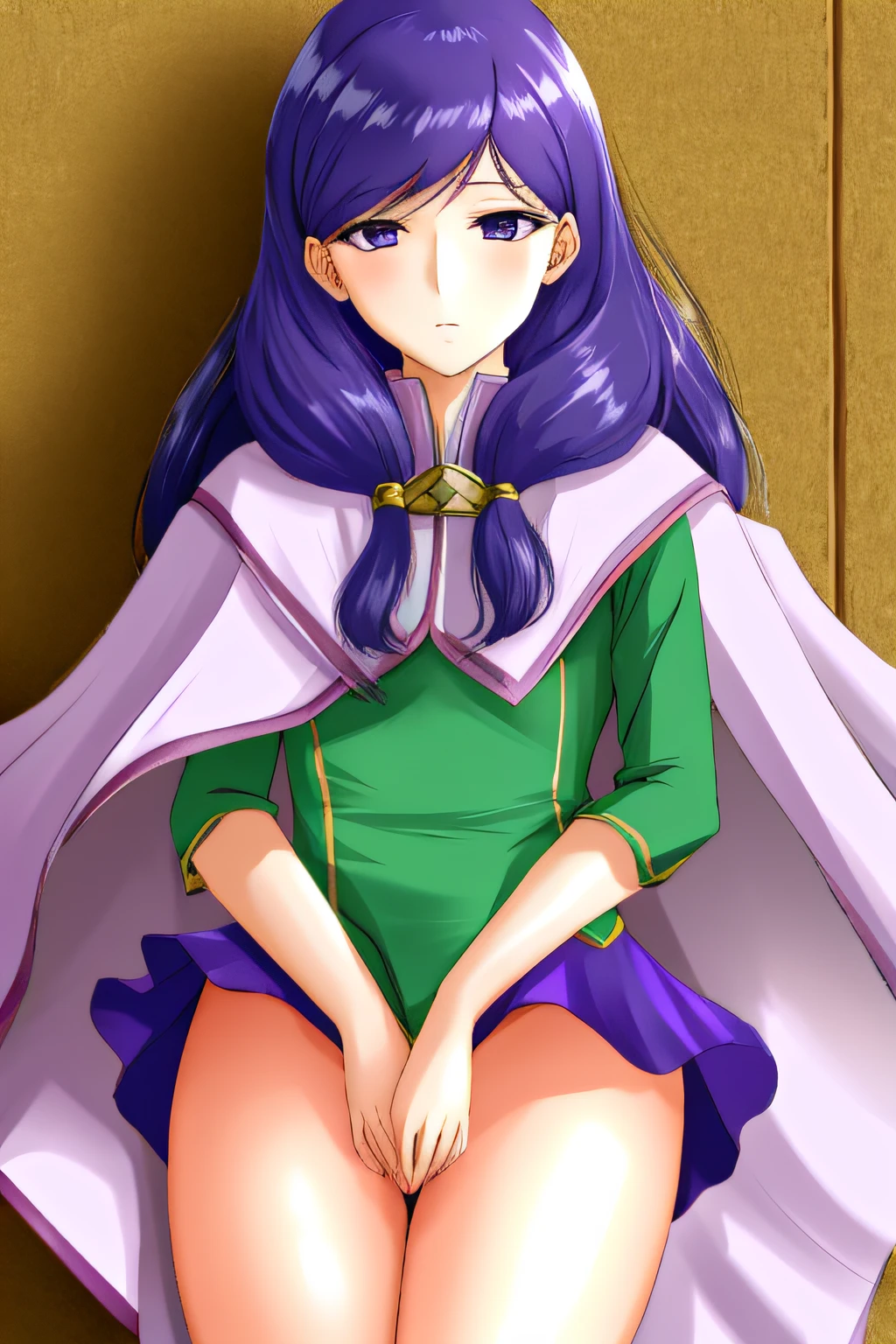 masterpiece, best quality, ilyana fe, 1girl, solo, looking at viewer, expressionless, green shirt, purple miniskirt, cape, no panties, wind lift, pussy, upskirt, long legs, purple skirt