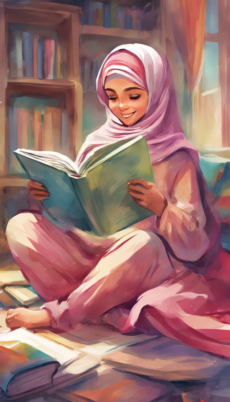 "Hijab girl reading a message on her iPhone, 21 years old. lying in bed in a bedroom, with a happy expression. A big window reveals a picturesque view of hills and mountains, creating a vibrant and lively atmosphere with great lighting."