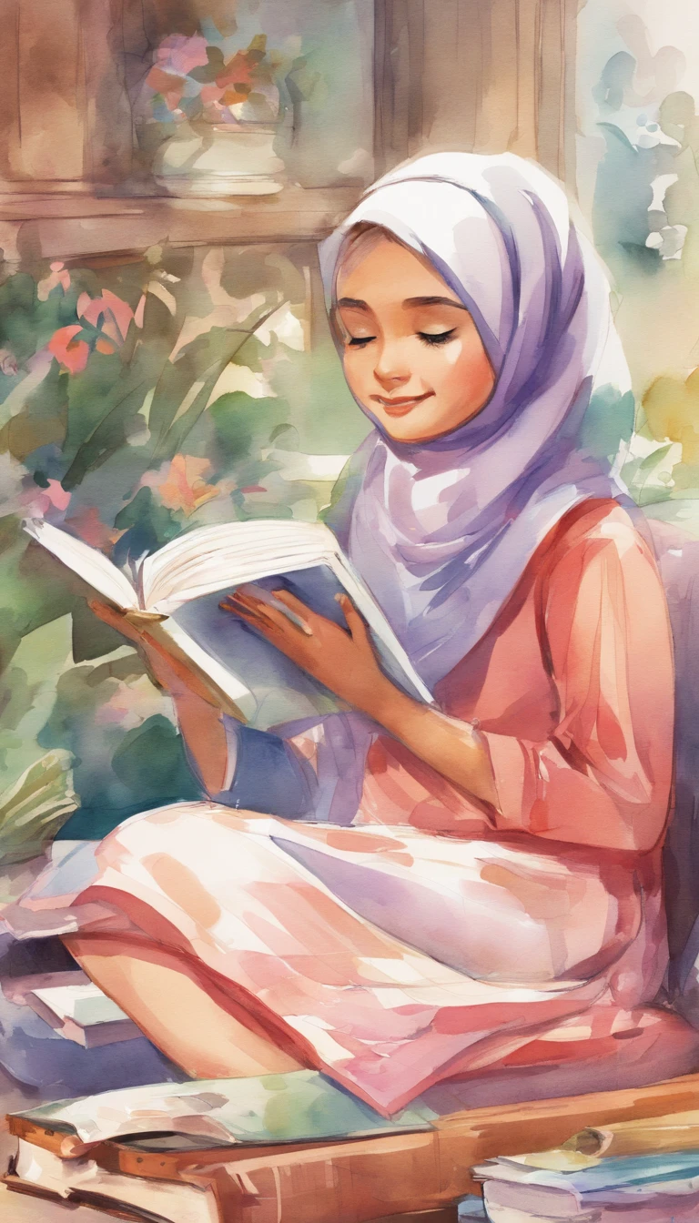 Book cover Artwork, watercolor cartoon, illustration, hijab little girl, read a book, sitting, happy, colorful, 16k, detail, white background