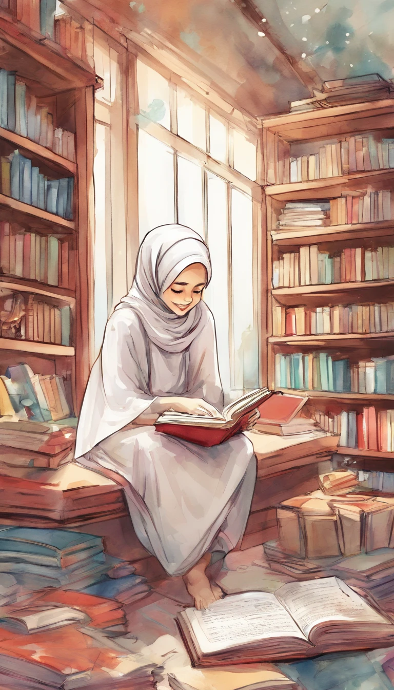 Produce an exceptionally detailed and lifelike scene portraying a young Malay girl, elegantly adorned in a hijab, immersed in a library. Her expression should reflect sheer surprise as magical fairies burst forth from the book she's reading. Strive for impeccable photorealism and an 8K resolution with a dynamic depth of field.