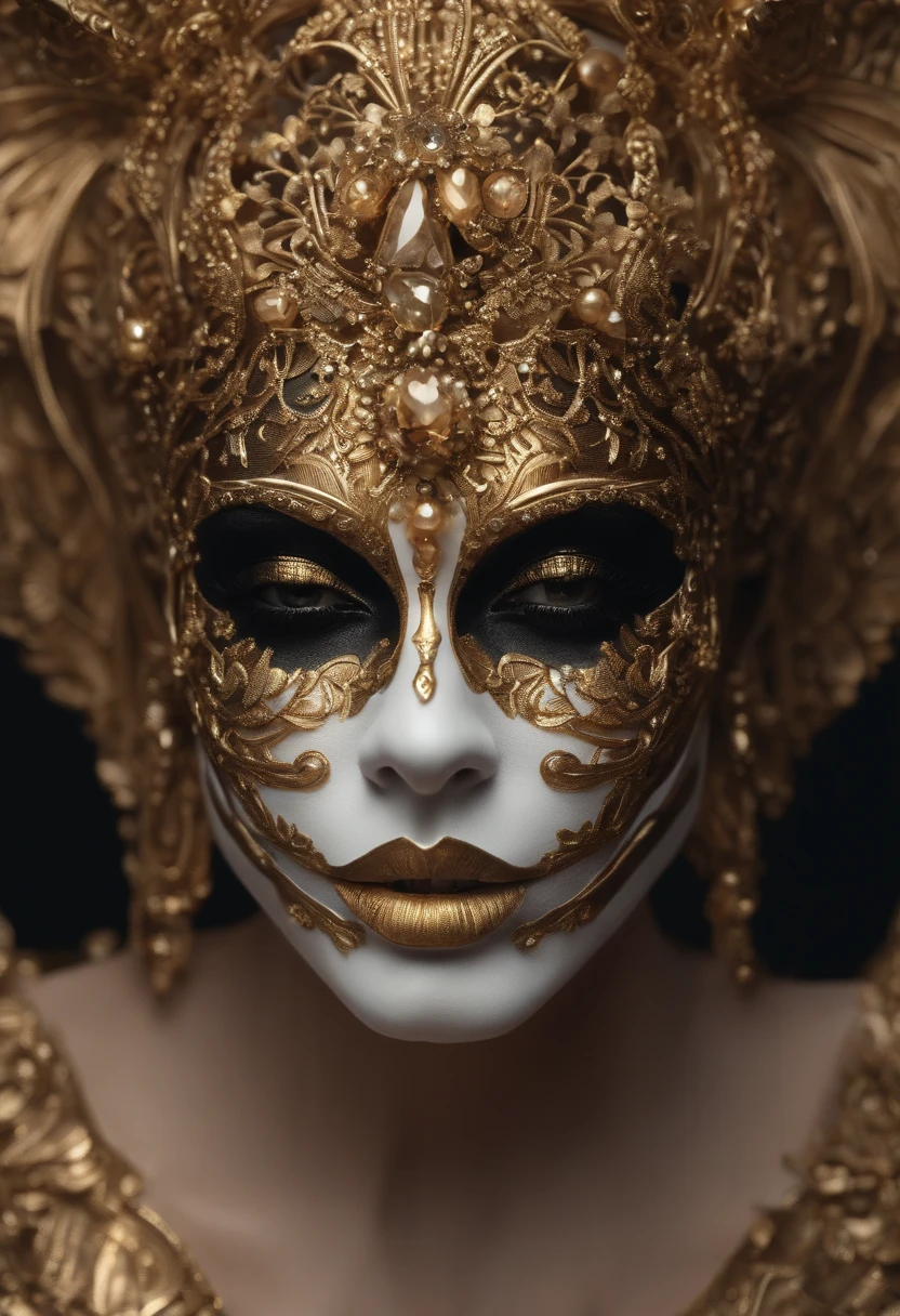 The woman wears gold and gold makeup,The style of the skull pattern,Covered with luxurious jewelry, jewelry, Luxurious, Dark white and dark bronze, Jewelry for painters and sculptors,high detailed,Realistic,hyper intricate details, 8K, cenematic lighting, filmic