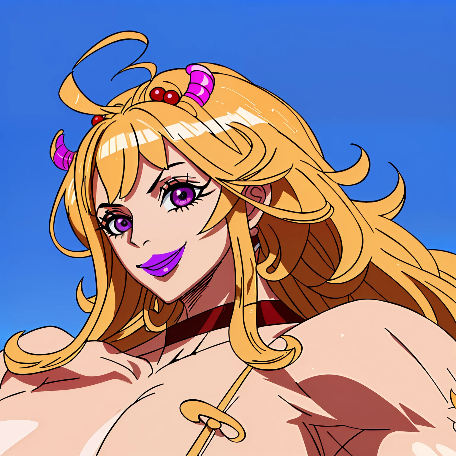 Absurdly beautiful barbarian bimbo, smiling
