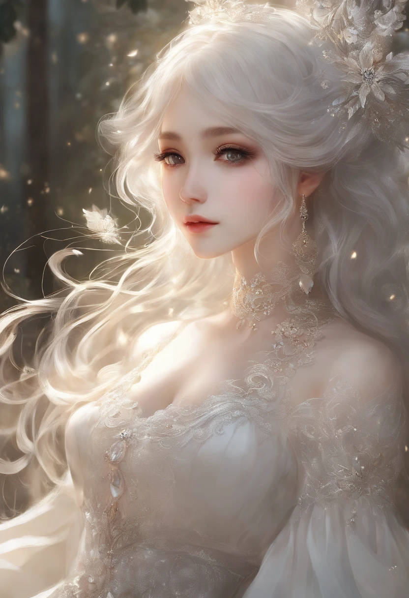 Delicate face on pixiv,Overhead shots,Thick acrylic illustration,by Kawacy,by john singer sargent,A masterpiece,upperbody,princess,one girl,white eyes,grey hair,Fair Skin,beautiful face,God light,White dress,Lots of detail,High best quality,Dregs,depraved,8k,Super meticulous,Latest Pixiv illustrations,dynamic poses,dynamic angles,Gorgeous light and shadow,Transparent,Detail decoration,Detail lines,mystical,fantasy,Magic,shine,fantasy