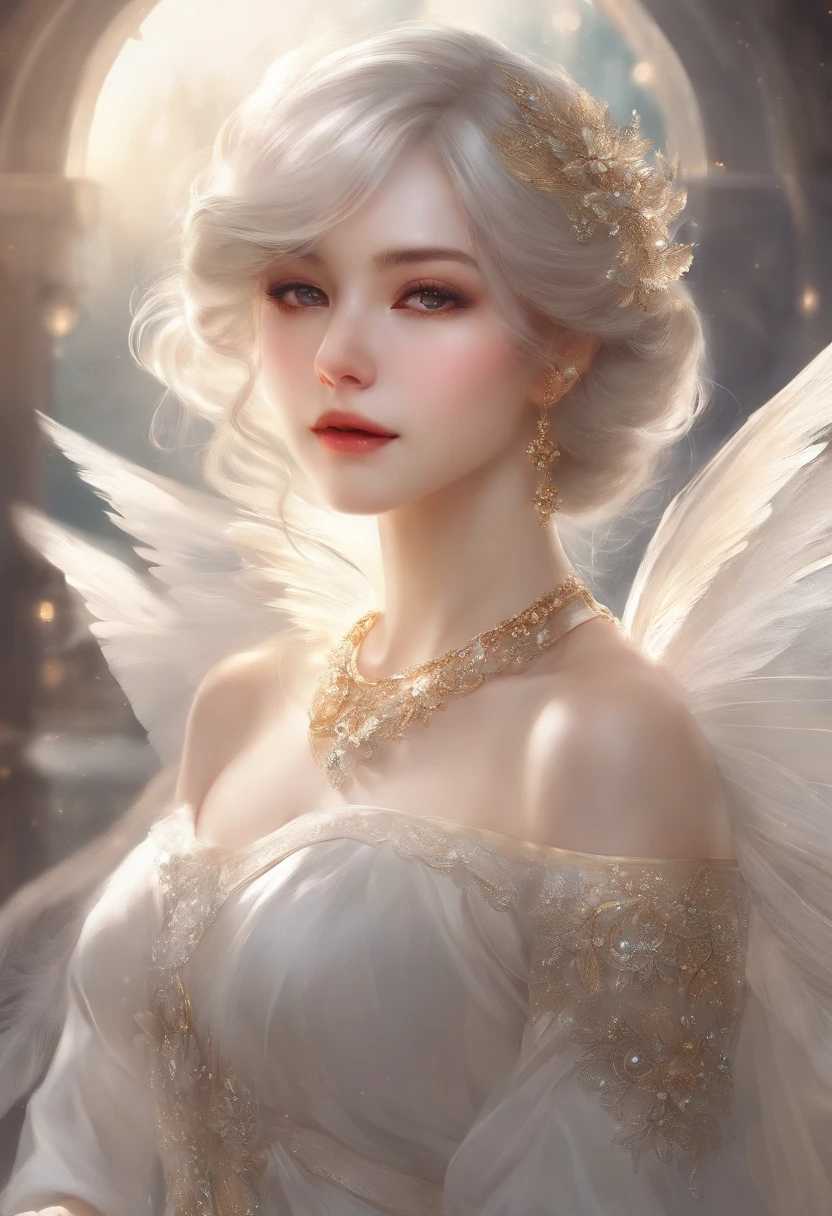 Delicate face on pixiv，Overhead shots，Thick acrylic illustration，by Kawacy，by john singer sargent，A masterpiece，upperbody，princess，one girl，white eyes，grey hair，Fair Skin，beautiful face，God light，White dress，Lots of detail，High best quality，Dregs，depraved，8k，Super meticulous，Latest Pixiv illustrations，dynamic poses，dynamic angles，Gorgeous light and shadow，Transparent，Detail decoration，Detail lines，mystical，fantasy，Magic，shine，fantasy