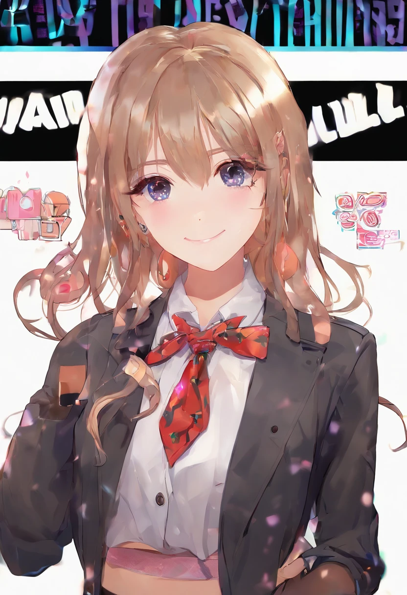 Full body, 1girl in, Bangs, Black Choker, black necktie, Black hair, Blue skirt, blush, 手链, breasts, Choker, clothes around waist, 鎖骨, Collared shirt, dress shirts, ear piercings, eyebrows visible through hair, Gradient Hair, grin, gals, Jewelry, Kogal, Long hair, Looking at Viewer, loose necktie, neck tie, Piercing, Plaid, plaid skirts, Pleated skirt, Red Eyes, Ring, School uniform, Shirt, Skirt, Smile, Solo, White shirt, Street, skyporn, cherryblossom, flower petals, (magazine:1.3), (cover-style:1.3), Fashionable, Woman, Vibrant, outfit, Posing, front, Colorful, Dynamic, Background, element。, which are full of confidence, expression, Holding, statement, accessory, An majestic, coiled, Around, Touch, Scene, Text, cover, Bold, captures the attention, Titles, Stylish, Font, Catchy, headline, Larger, striking, Trendy, Focus, Fashion, Blonde hair, Very long hair, Halo, Hair Bow, Smile, longeyelashes, Cowboy Shot, Illustration, Modern, letterbox, One-person viewpoint, surrealism, masutepiece, Best Quality, nffsw, hight resolution, Anatomically correct, Textured skin, Super Detail, high details, retinas, masutepiece, ccurate, 4K