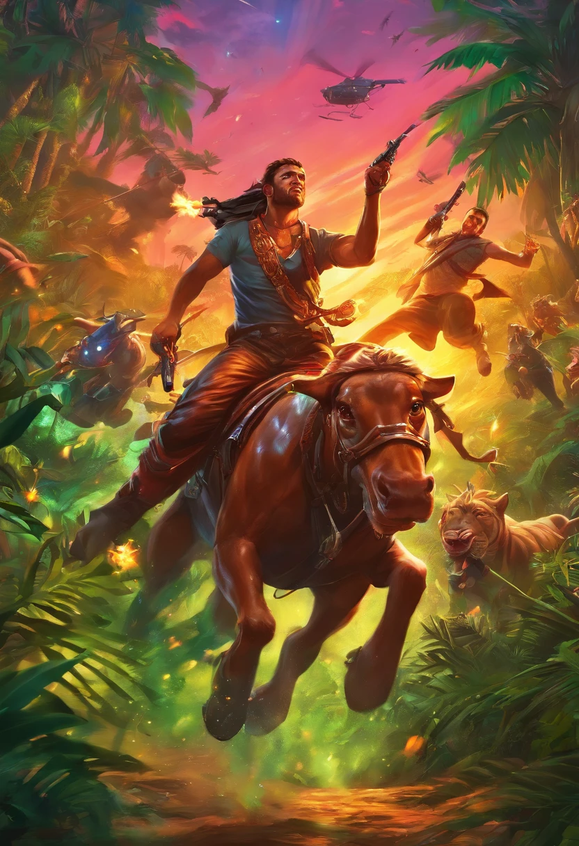 (high quality), photorealistic, (oil painting)
(dynamic pose), towards right,dynamic, cinematic, dramatic camera angle
Warriors charging forward to fight. Jungle scene with magic in the air and fireflies