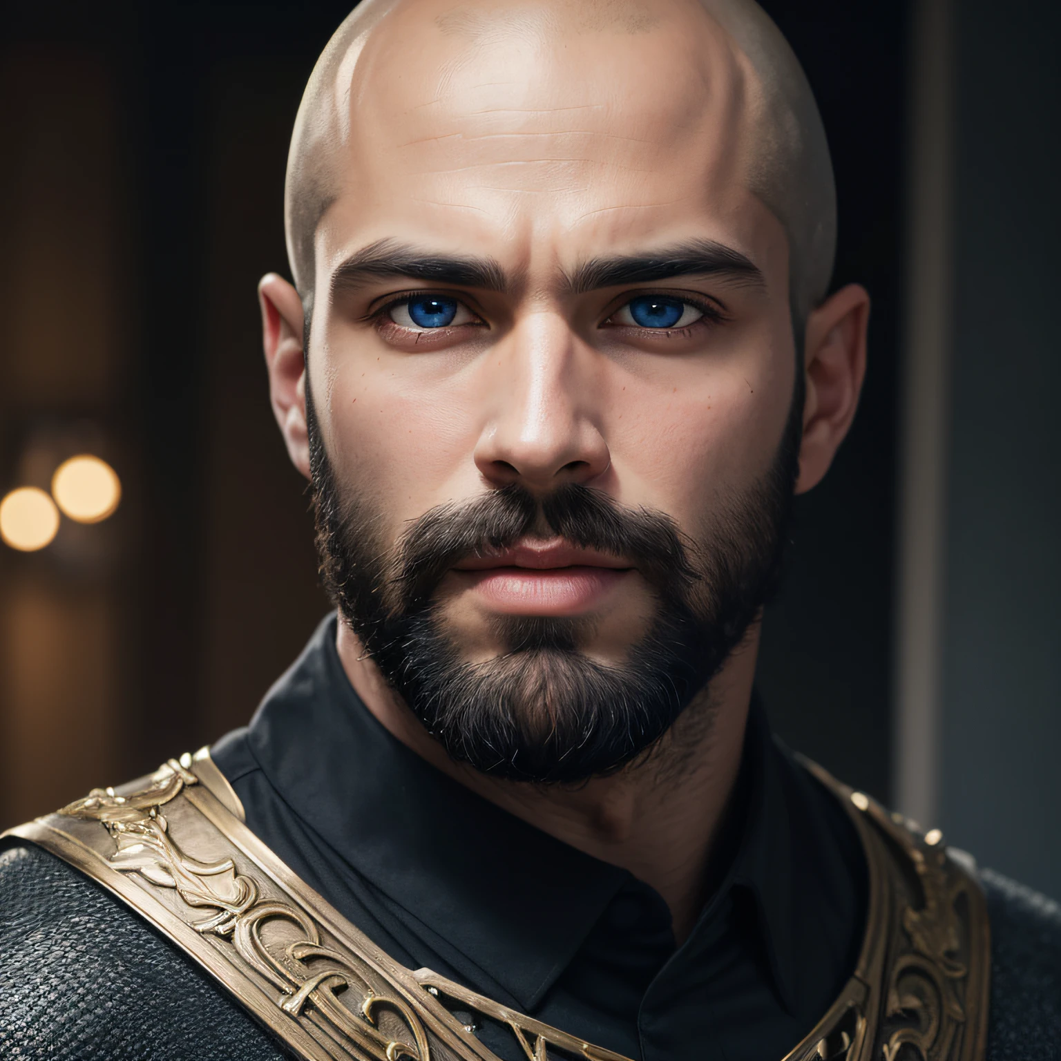RAW photo, absurdres, high quality, photorealistic, detailed and realistic portrait of a man with a 37-year-old looking man with pretty blue eyes, beautiful mouth, handsome model face, light dark black beard well done, appearance of being a little bad, bald head, 4K ,handsome disney prince, striking eyebrows, demigod greek warrior