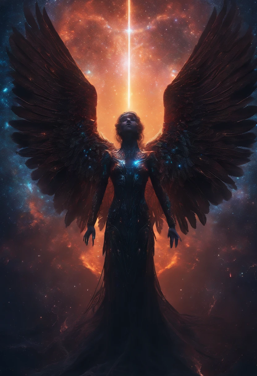 cosmic fallen angel, glowy eyes, biomechanical, eerie, creepy, nightmarish, very bright colors, light particles, bioluminescence, Mschiffer, wallpaper art, UHD wallpaper