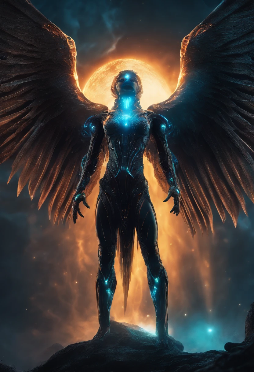 cosmic fallen angel, glowy eyes, biomechanical, eerie, creepy, nightmarish, very bright colors, light particles, bioluminescence, Mschiffer, wallpaper art, UHD wallpaper