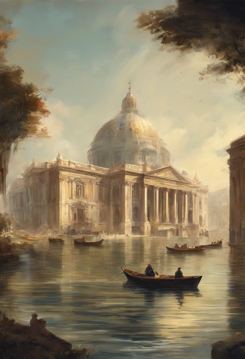 painting of a large building with a dome and a boat on the water, por Canaletto, Directed by: Gaetano Sabatini, inspirado em Canaletto, by Eugène Brands, inspirado em Giovanni Paolo Pannini, por Adolf Born, Directed by: Isidor Kaufman, Directed by: Luigi Kasimir, Directed by: Rodolfo Belarski, Directed by: Jose Ignaz Appiani