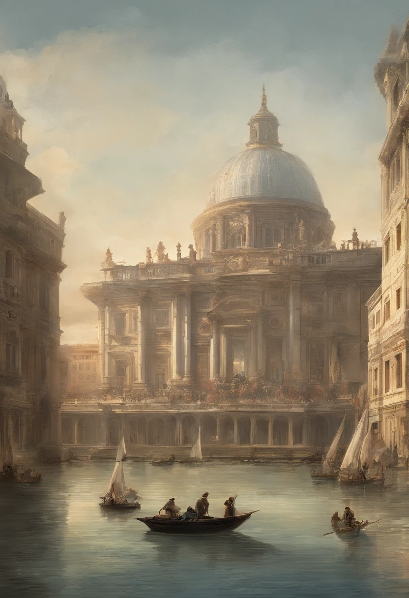 painting of a large building with a dome and a boat on the water, por Canaletto, Directed by: Gaetano Sabatini, inspirado em Canaletto, by Eugène Brands, inspirado em Giovanni Paolo Pannini, por Adolf Born, Directed by: Isidor Kaufman, Directed by: Luigi Kasimir, Directed by: Rodolfo Belarski, Directed by: Jose Ignaz Appiani