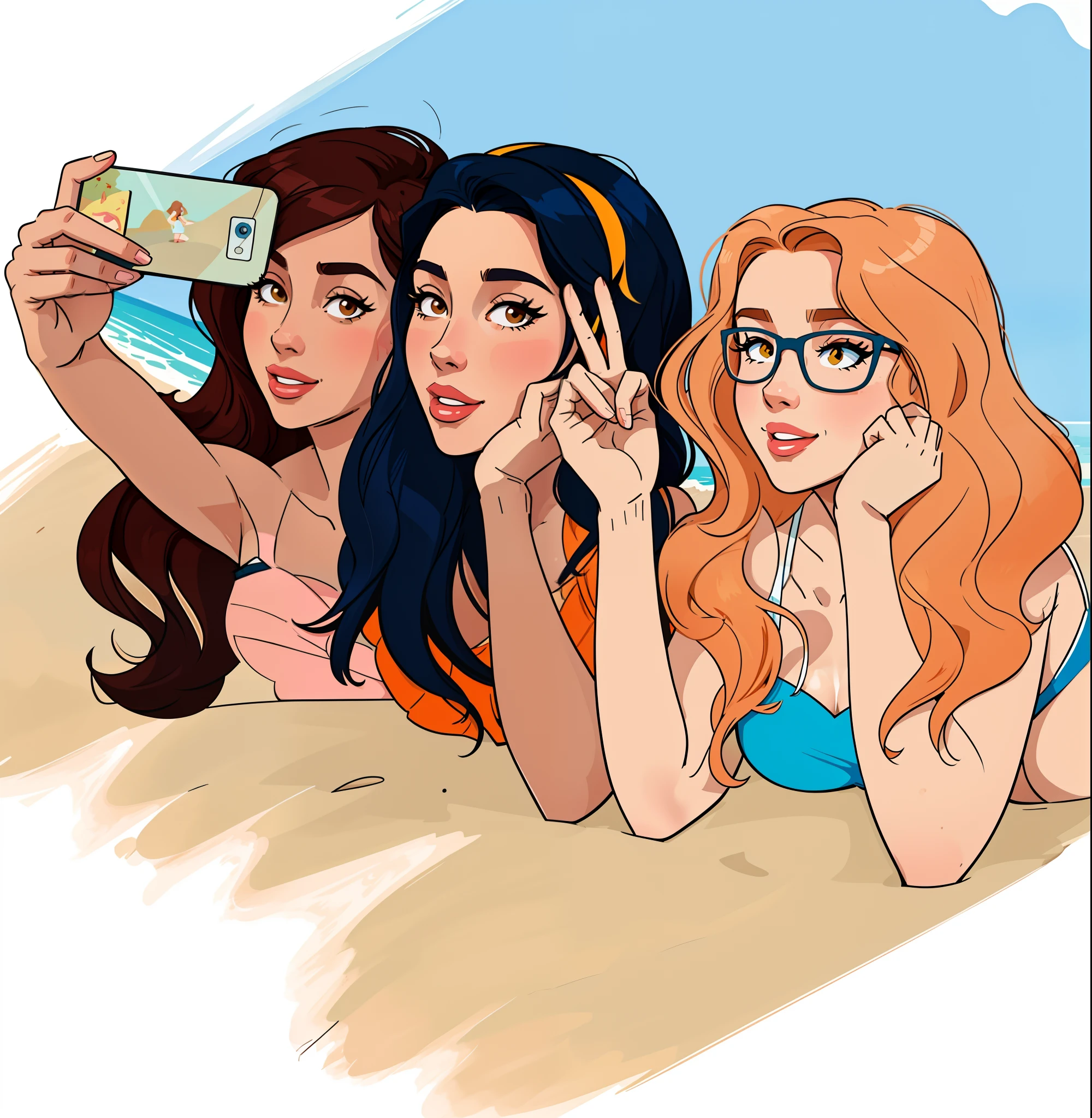There are two women who are taking a picture together, tirar Selfies, in illustration style digital, Selfie, digital illustration -, na praia, tirar uma Selfie, em uma praia, encalhe, foto Selfie, illustration", Sunbathing. illustration, full-colour illustration, stylized digital illustration, Selfie!!!!!, Cartoon style illustration, digital illustation, in cartoon style, na praia