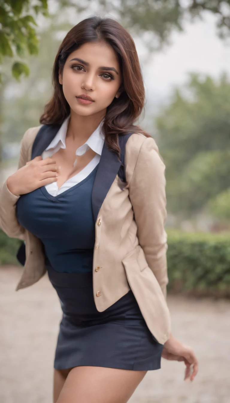 indian girl with huge boobs in a mini skirt school uniform, standing pose, big breasts, thick thighs, slim waist, biting her lips