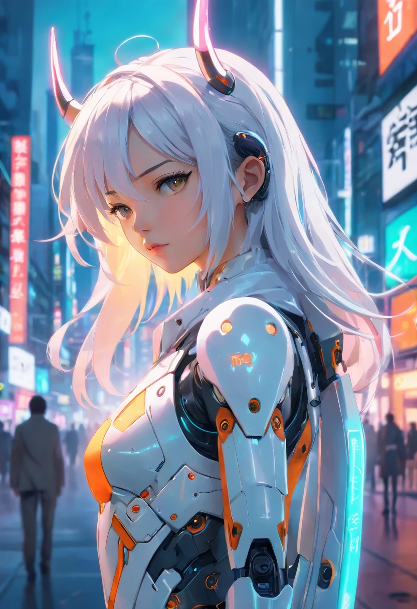 Sci-fi, white plugsuit(Evangelion) white interface headset(evangelion), blue hair with flat bangs and twintails tied like rings/loops hairstyle, futuristic, neon red colored eyes, pale skin, android, cyberpunk, cyber punk city, night, 1girl, neon city and billboard lights, (Masterpiece), biomechanics, full body, high quality, realistic lighting, human torso, mechanical human like legs, human face, human body, silver robotic human like arms, beautiful detailed, close up