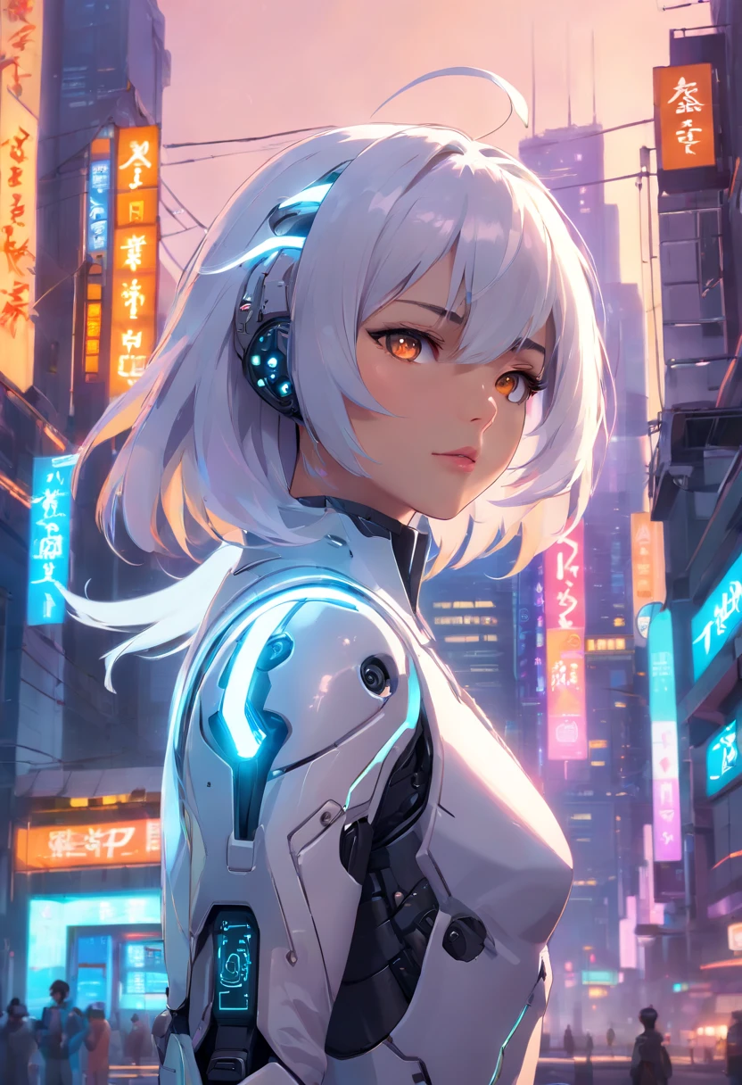 1girl, night, a beautiful full body cyborg girl cyberpunk with a cyberpunk scape tall buildings, lots glow light bokeh, lots big glow light, long shot photography, full body, white hair, cyber mask, cyber horn, white and orange and black machine suit color combination, the sky big planet, sky galaxy, the body full of machine, realistic futuristic hologram, asian skin tone, beautiful eye, beautiful asian face, cyber ear machine, suits is solid mecha, realistic machine, sci fi scape, manipulation is a masterpiece, long hair, masterpiece, suit of cyberpunk, realistic sci fi building texture mecha aestethic, digital cyberpunk, looming over a city, cyber technology, realistic hair, lots of hair, white of hair, realistic metal solid texture of building, realistic neon glow, realistic neon sign, wonderful side lighting, realistic futuristic cyberpunk building, realistic girl robot cyberpunk, fog, foogy, masterpiece of detail, RAW IMAGE, depth of field, point of interes, depth of field is masterpiece, best photography composition masterpiece, natural realistic hair, rule of third masterpiece photography, natural lighting, photography masterpiece natural lighting from side, realistic skin texture, strong reflection, ( pose pinterest) masterpiece beautiful, Devil Horns, smooth pixel, ray of light, soft light, small breasts, mastepiece of cyber mask, masterpiece fantasy gun, carry a fantasy weapon, weapon fantasy (artstation)