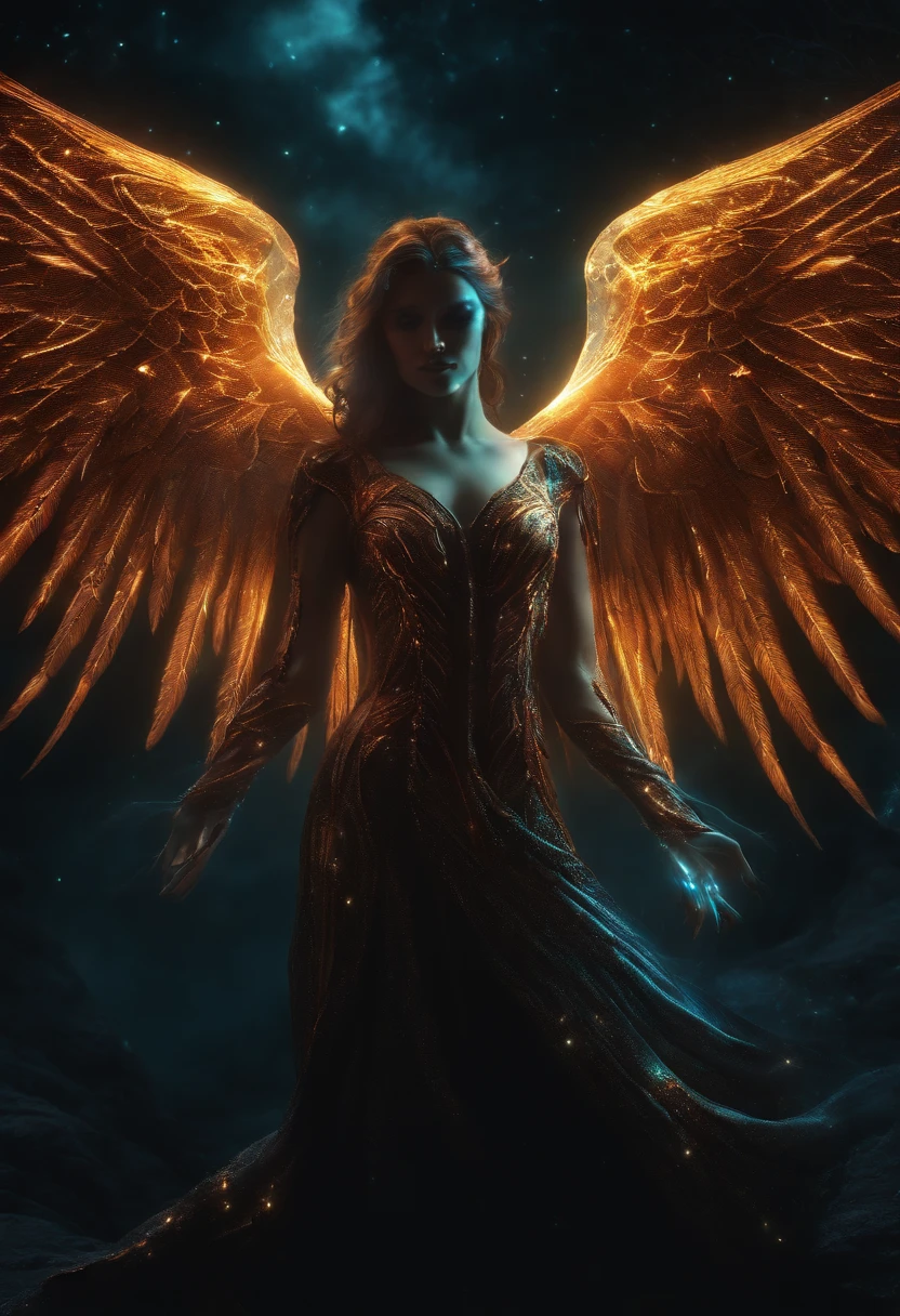 Cosmic Fallen Angel, glowing light eyes, Biomechanical, eerie, Creepy, nightmarish, Very bright colors, Light particles, with light glowing, Mshiff, wallpaper art, UHD wallpaper