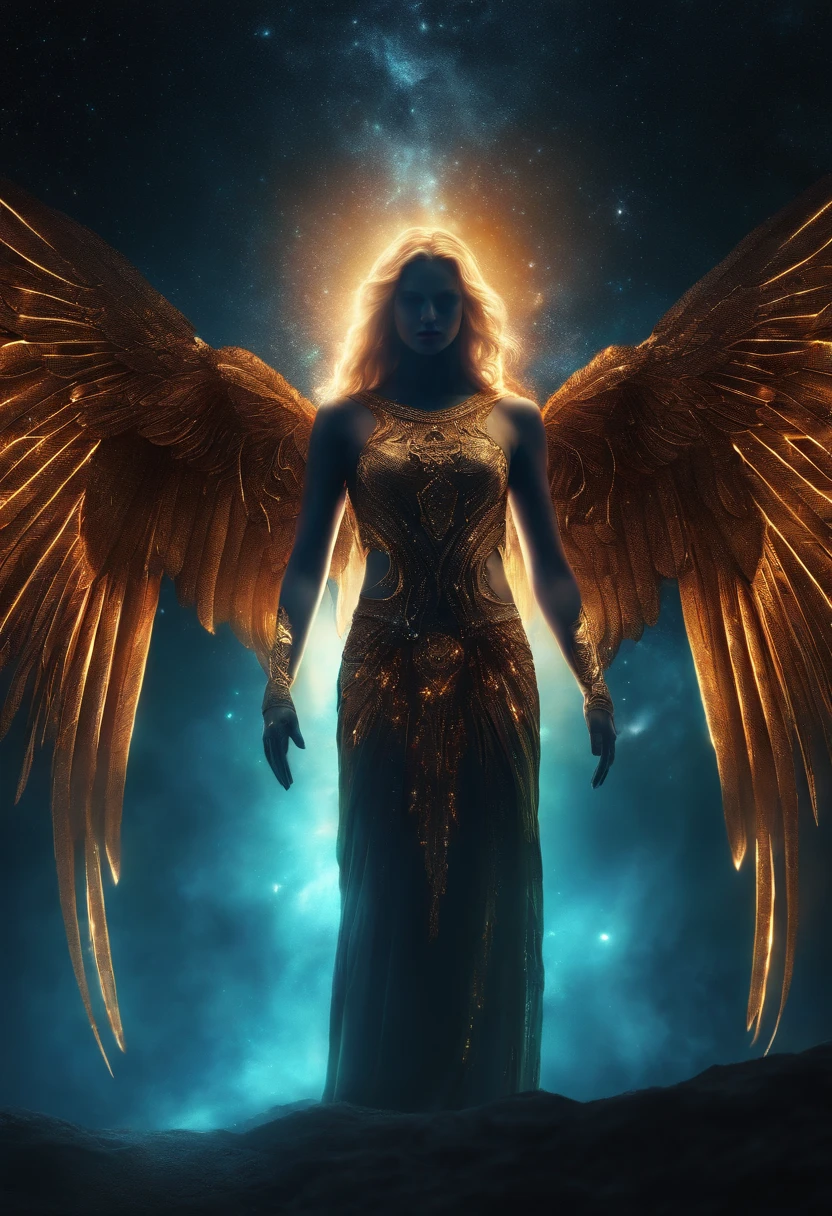 Cosmic Fallen Angel, glowing light eyes, Biomechanical, eerie, Creepy, nightmarish, Very bright colors, Light particles, with light glowing, Mshiff, wallpaper art, UHD wallpaper