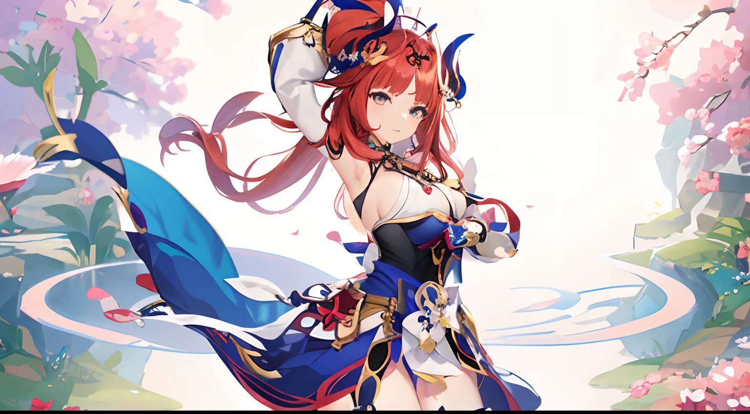 beautiful breasts anime girl with red hair and blue dress in a garden, ayaka genshin impact, ayaka game genshin impact, genshin impact character, shadowverse style, genshin, anime goddess, keqing from genshin impact, granblue fantasy, cushart krenz key art feminine, from the azur lane videogame, video game genshin impact