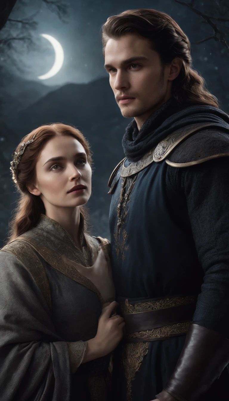 Shadow and bone style medieval fantasy movie poster, But on the moon of the series "Court of thorns and roses", With a female protagonist and two male characters, Realistic, Beautiful, Detailed