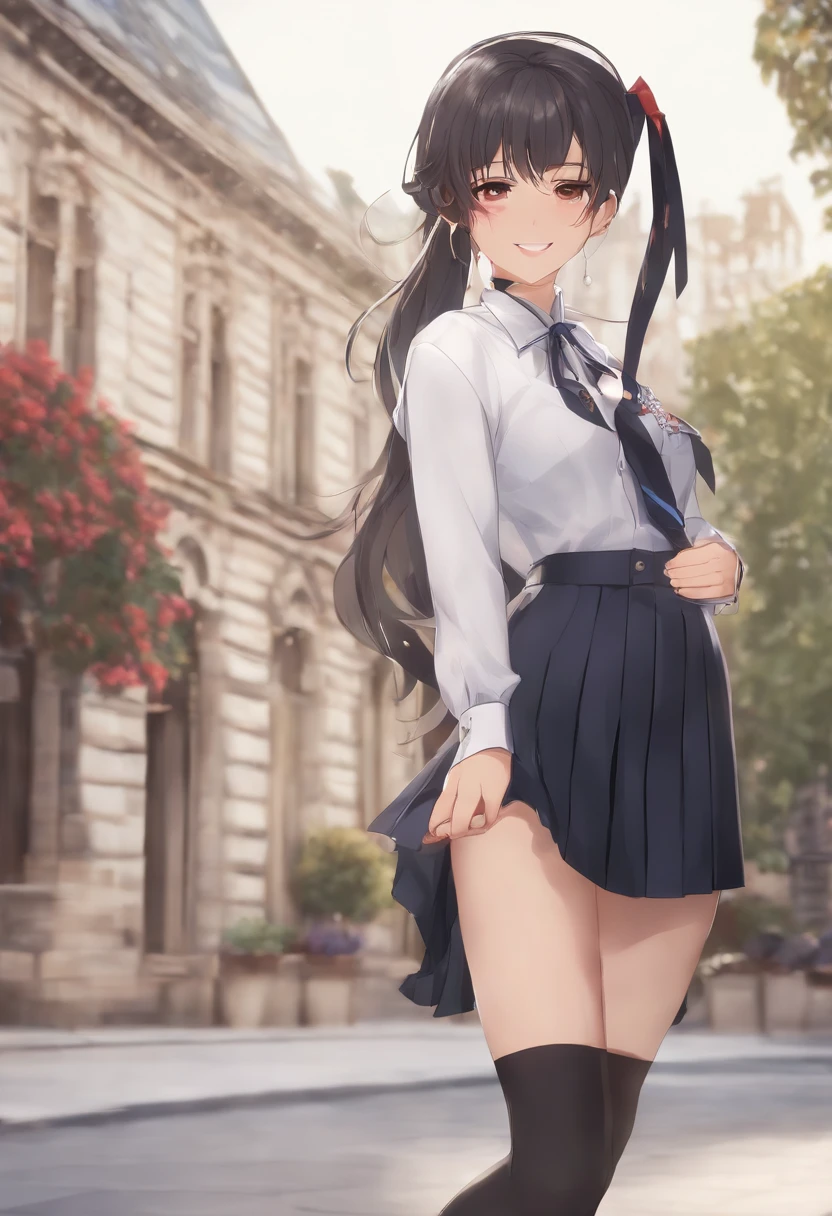 Full body, 1girl in, Bangs, Black Choker, black necktie, Black hair, Blue skirt, blush, 手链, breasts, Choker, clothes around waist, 鎖骨, Collared shirt, dress shirts, ear piercings, eyebrows visible through hair, Gradient Hair, grin, gals, Jewelry, Kogal, Long hair, Looking at Viewer, loose necktie, neck tie, Piercing, Plaid, plaid skirts, Pleated skirt, Red Eyes, Ring, School uniform, Shirt, Skirt, Smile, Solo, White shirt, Street, skyporn, cherryblossom, flower petals, (magazine:1.3), (cover-style:1.3), Fashionable, Woman, Vibrant, outfit, Posing, front, Colorful, Dynamic, Background, element。, which are full of confidence, expression, Holding, statement, accessory, An majestic, coiled, Around, Touch, Scene, Text, cover, Bold, captures the attention, Titles, Stylish, Font, Catchy, headline, Larger, striking, Trendy, Focus, Fashion, Blonde hair, Very long hair, Halo, Hair Bow, Smile, longeyelashes, Cowboy Shot, Illustration, Modern, letterbox, One-person viewpoint, surrealism, masutepiece, Best Quality, nffsw, hight resolution, Anatomically correct, Textured skin, Super Detail, high details, retinas, masutepiece, ccurate, 4K