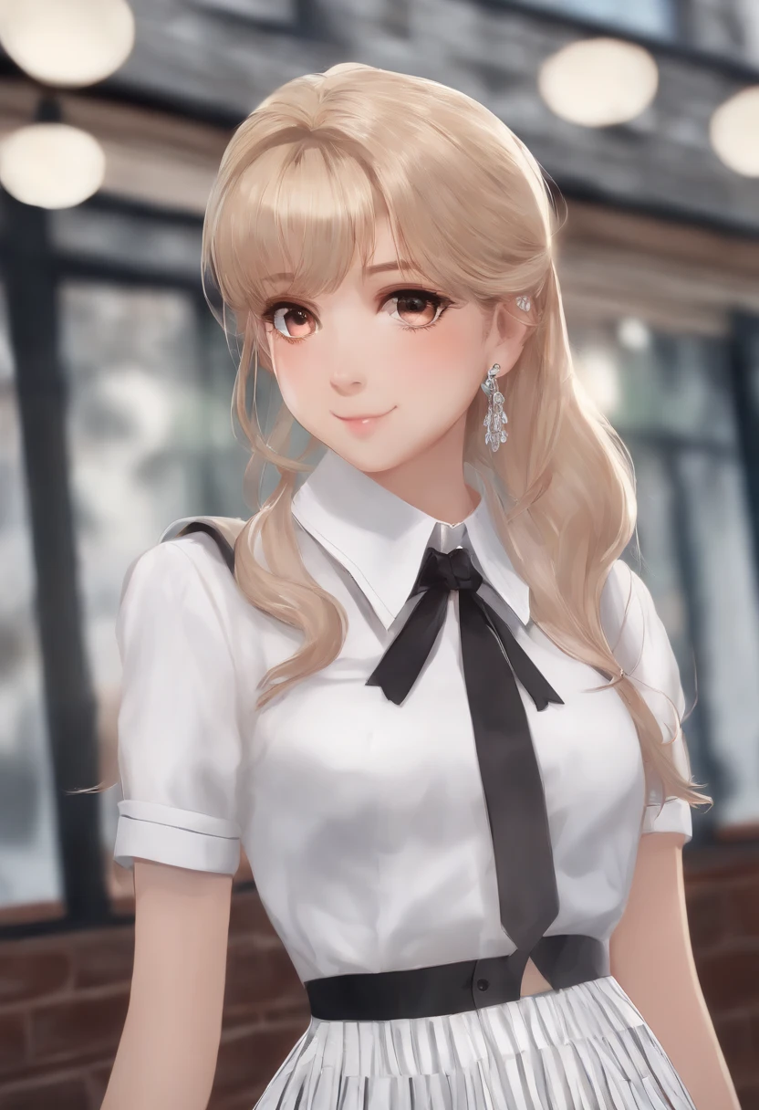 Full body, 1girl in, Bangs, Black Choker, black necktie, Black hair, Blue skirt, blush, 手链, breasts, Choker, clothes around waist, 鎖骨, Collared shirt, dress shirts, ear piercings, eyebrows visible through hair, Gradient Hair, grin, gals, Jewelry, Kogal, Long hair, Looking at Viewer, loose necktie, neck tie, Piercing, Plaid, plaid skirts, Pleated skirt, Red Eyes, Ring, School uniform, Shirt, Skirt, Smile, Solo, White shirt, Street, skyporn, cherryblossom, flower petals, (magazine:1.3), (cover-style:1.3), Fashionable, Woman, Vibrant, outfit, Posing, front, Colorful, Dynamic, Background, element。, which are full of confidence, expression, Holding, statement, accessory, An majestic, coiled, Around, Touch, Scene, Text, cover, Bold, captures the attention, Titles, Stylish, Font, Catchy, headline, Larger, striking, Trendy, Focus, Fashion, Blonde hair, Very long hair, Halo, Hair Bow, Smile, longeyelashes, Cowboy Shot, Illustration, Modern, letterbox, One-person viewpoint, surrealism, masutepiece, Best Quality, nffsw, hight resolution, Anatomically correct, Textured skin, Super Detail, high details, retinas, masutepiece, ccurate, 4K
