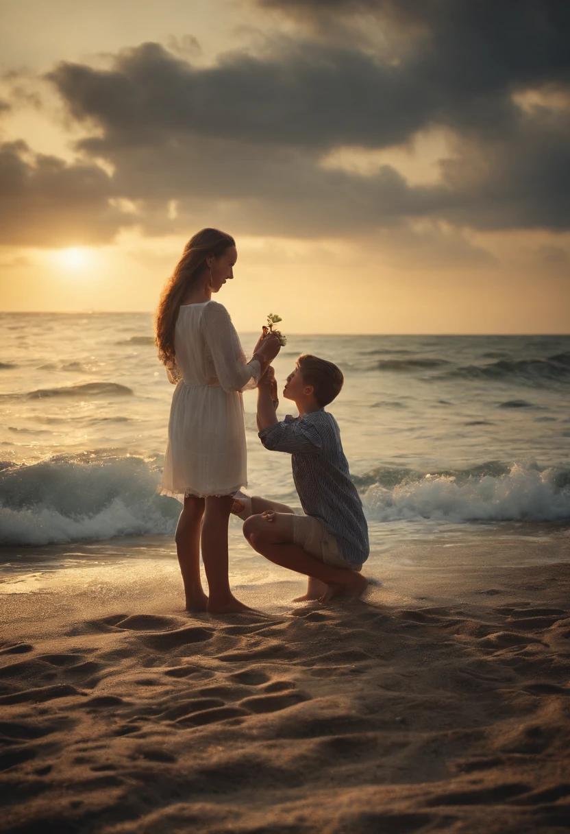 A boy proposes to a girl by the sea