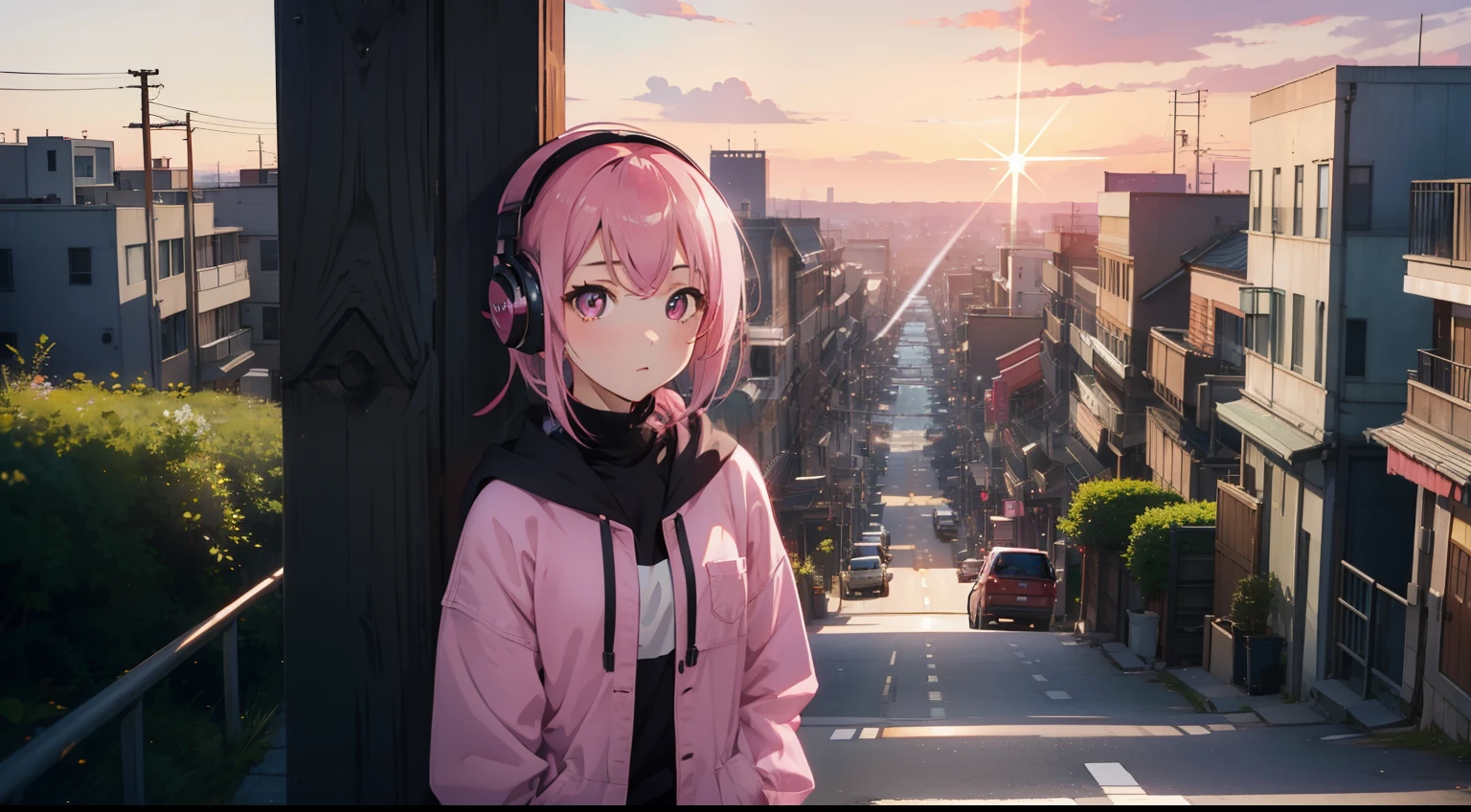masterpiece、top-quality、Movie stills、1girl in、gotou hitori, gotou1,animesque、Pink shorthair、Pink hair、eyes large、Big eyes with sparkly、singers、illustratio、jaket、headphones、kawaii、Large grasslands、Sunset in the city(Spark:0.7)、Background like Makoto Shinkai、、The eyes are a little big and closer.