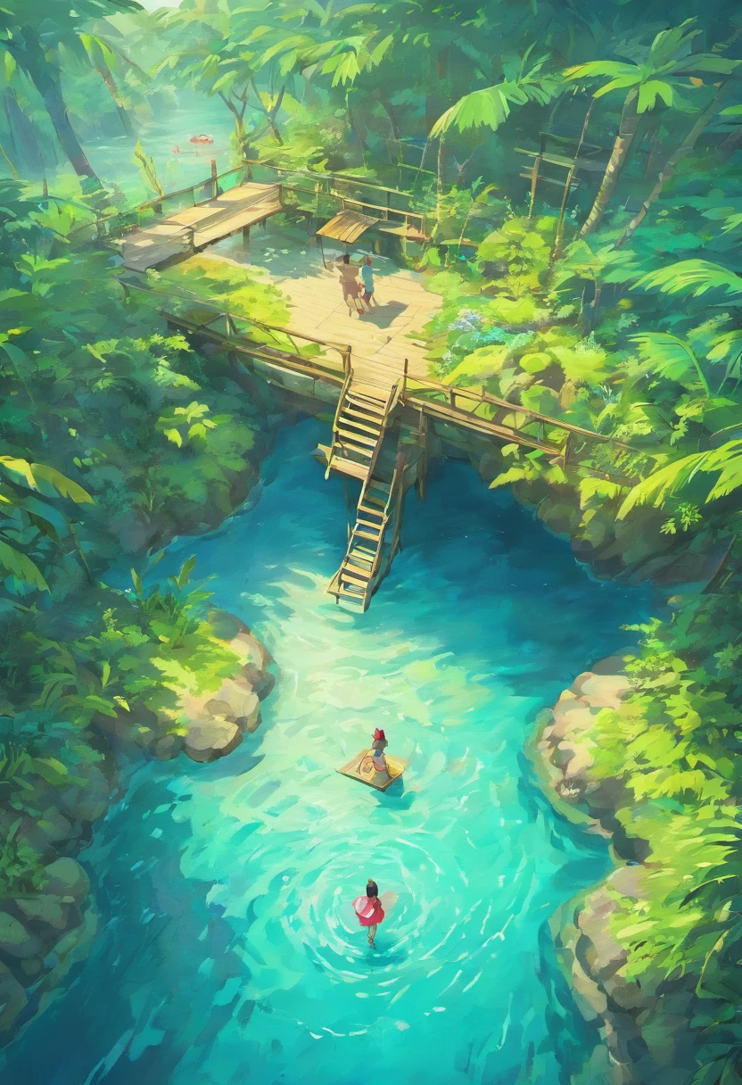 Beautiful very realistic large lagoon, Inside an island in the ocean around the jungle, Beautiful hotel on the shore, 3D top view