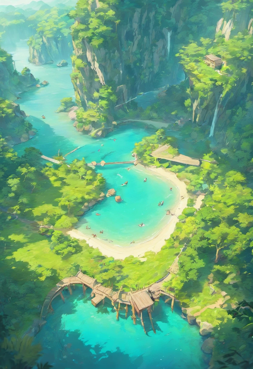 Beautiful very realistic large lagoon, Inside an island in the ocean around the jungle, Beautiful hotel on the shore, 3D top view