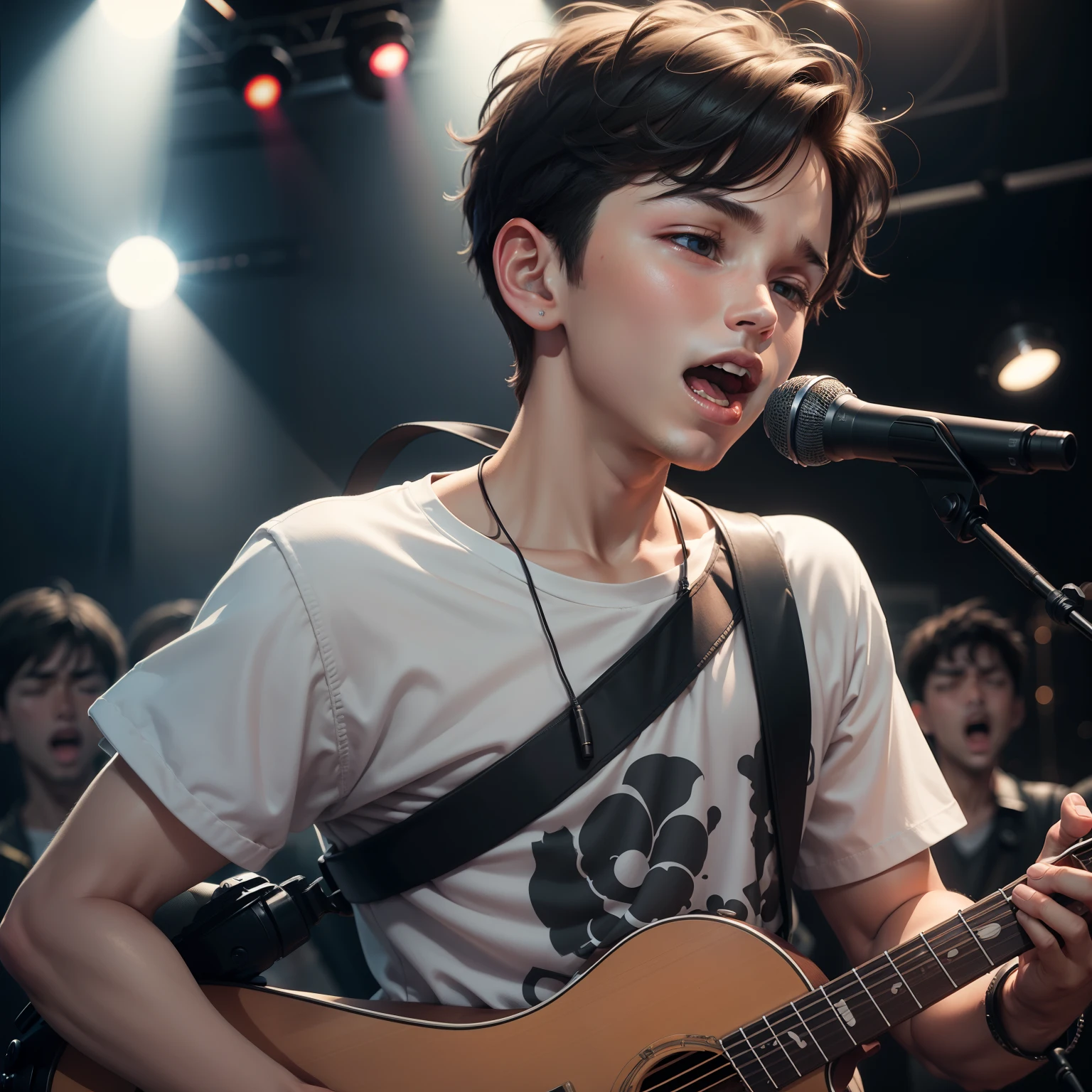 a boy singing song, mic in hand