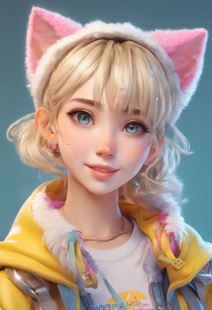 ukrainian girl , Ukrainian anime girl , 。.3D , ukranian , The whole body consists of a young girl with messy light blonde hair, eye makeup, 11yo, Cat ears, Soft lighting, Solo, Wearing a shabby, dirty, ragged futuristic military uniform, Cat's paw badge, Pose, Spot color, rendering by octane, Ultra-realistic intricate details, Cinematic, 8K resolution, 70mm, emphasis lighting, Global illumination, Full body portrait, clean detailed faces, complex clothing, Cute face, Flat chest, Slim waist, Slim legs, Small hips