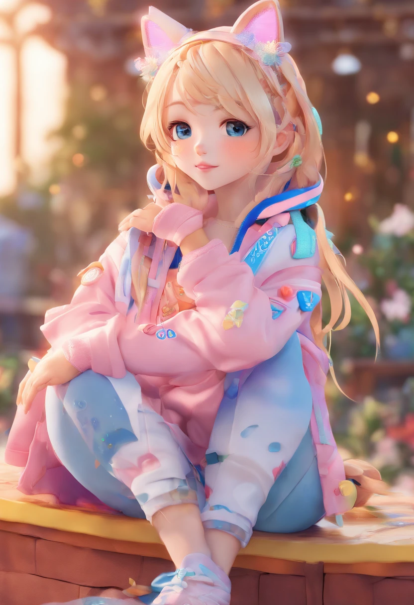 ukrainian girl , Ukrainian anime girl , 。.3D , ukranian , The whole body consists of a young girl with messy light blonde hair, eye makeup, , Cat ears, Soft lighting, Solo, Wearing a shabby, dirty, ragged futuristic military uniform, Cat's paw badge, Pose, Spot color, rendering by octane, Ultra-realistic intricate details, Cinematic, 8K resolution, 70mm, emphasis lighting, Global illumination, Full body portrait, clean detailed faces, complex clothing, Cute face, Flat chest, Slim waist, Slim legs, Small hips