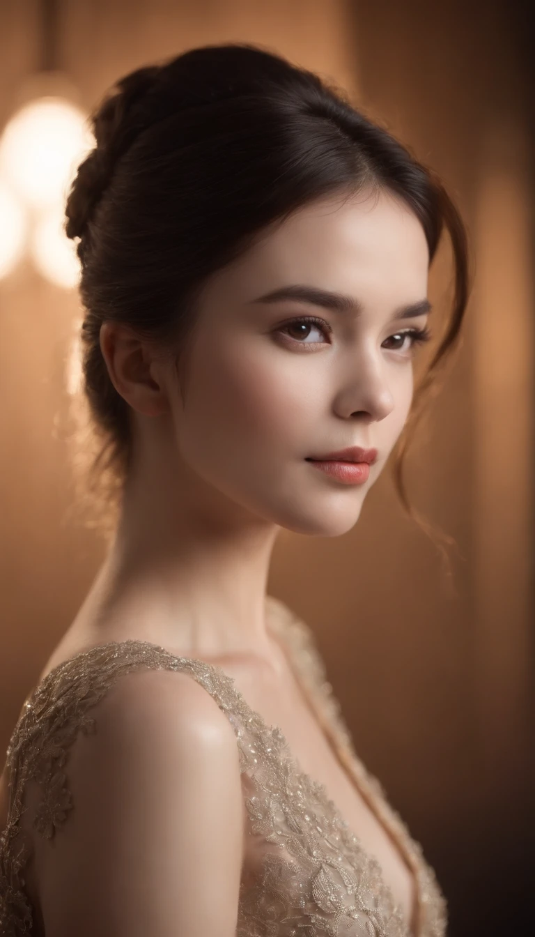 Fascinating photos taken in a studio setting, Showcase impeccable elegance. The backlight setting is、Add a touch of mystery, Project the silhouette of the model on a dark background. The details of the model's face are beautifully emphasized, browneyes, Especially those who retain depth and emotion. The scene is bathed in movie lights, Create an intimate and charming atmosphere.