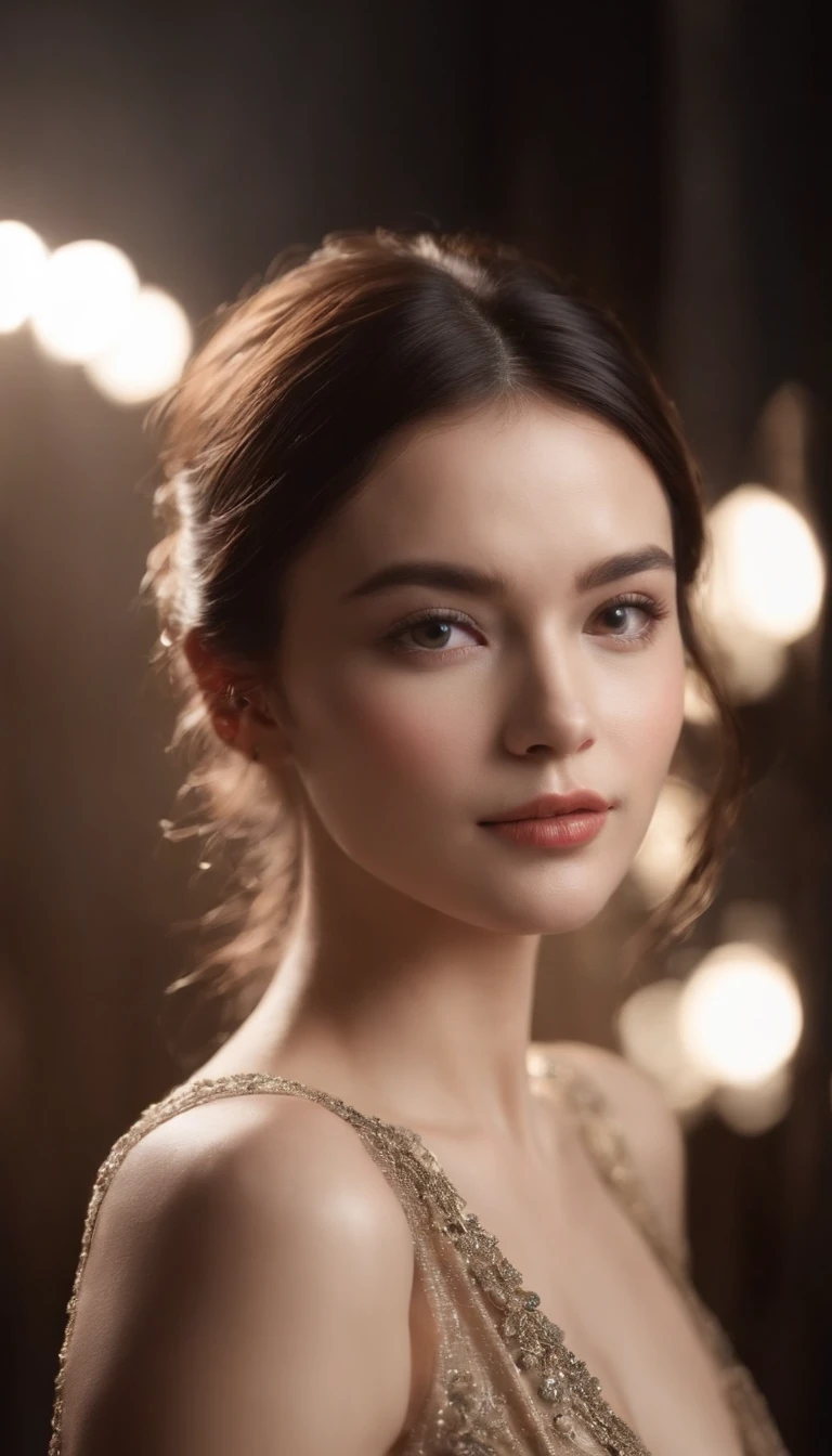 Fascinating photos taken in a studio setting, Showcase impeccable elegance. The backlight setting is、Add a touch of mystery, Project the silhouette of the model on a dark background. The details of the model's face are beautifully emphasized, browneyes, Especially those who retain depth and emotion. The scene is bathed in movie lights, Create an intimate and charming atmosphere.