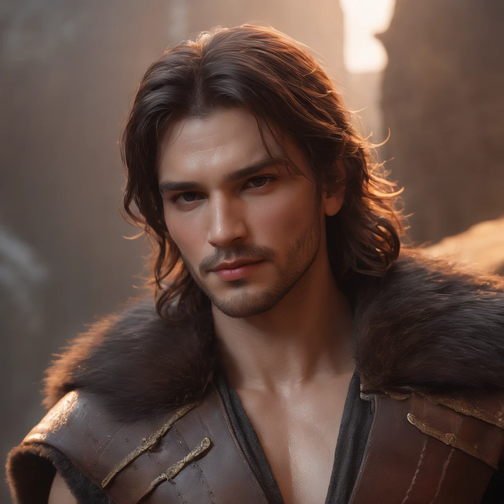 (professional 3d render:1.3) af (Realistic:1.3) most beautiful artwork photo in the world,Features soft and shiny male heroes, ((Epic hero fantasy muscle man rough wet hero angry looking long hair short beard and ferocious expression in dynamic pose, Fantastic location, Majestic cluttered environment)), Full body 8K unified rendering, action shot, skin pore, very dark lighting, heavyshading, Detailed, Detailed face, (vibrant, photograph realistic, Realistic, Dramatic, Dark, Sharp focus, 8K), (Old leather garments damaged by weathering:1.4), ((((Wear fur)))), (Intricate:1.4), decadent, (Highly detailed:1.4), Digital painting, rendering by octane, art stations, concept-art, smooth, Sharp focus, illustration, Art germ, (loish:0.23), wlop ilya kuvshinov, and greg rutkowski and alphonse mucha gracias, (Global illumination, Studio light, volumettic light), heavy rain, particles floating, lotr, fantasy, elf, full bodyesbian, ((Dark and ancient city background:1.3)),CGSesociety,art stations