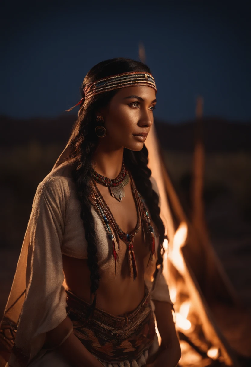 ultra detailed artistic photography, Beautiful Apache women of Native Americans, Tee pee, Moonlight, Fire, feater, Sexy, Dreamy, Glowing, The light from the back window is backlighted, Shadows, oil on the canvas, smooth, hyper HD, 8K, super sharp focus,  masterpiece of intricate artwork, Flowing costumes, Highly detailed, vibrant, production cinematic character render, ultra high quality model