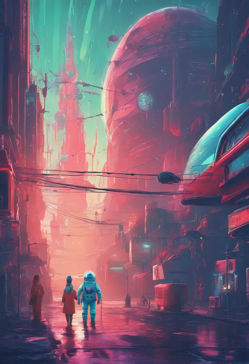 retrofuturism, streets of soviet union, utopian future, androids, flying droids, overgrown buildings, winter, evening, 4k, wallpaper,Science Fiction,Lighting,Environmental Concept Art & Design,Digital 3D,Character Modeling,3D,realistic,textures,cgi,environment,((Simon Stalenhag)),concept,Environmental Concept Art & amp Design,scifi