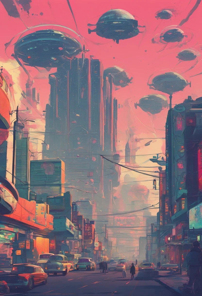 retrofuturism, streets of soviet union, utopian future, androids, flying droids, overgrown buildings, winter, evening, 4k, wallpaper,Science Fiction,Lighting,Environmental Concept Art & Design,Digital 3D,Character Modeling,3D,realistic,textures,cgi,environment,((Simon Stalenhag)),concept,Environmental Concept Art & amp Design,scifi