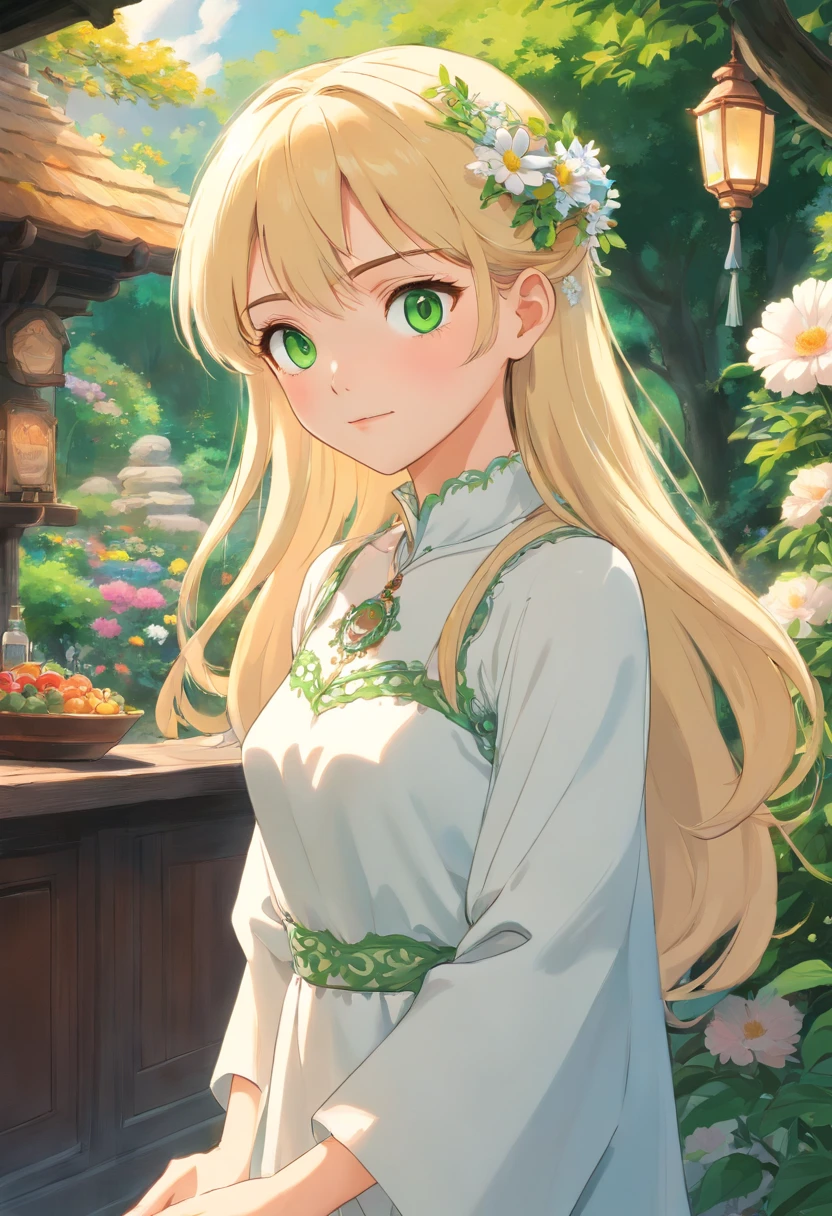 35mm, Incredibly hyper-detailed and intricately realistic, full body character, Adult, Beautiful, Female, Perfect, Long blonde hair, Green eyes, elegant white dress, Flowers in hair, Detailed face, White skin, Mature facial features of Nordic women, Garden background, Cover art, zoomout, choker necklace, an ultrafine painting, Luminism, Bar lighting, complex, 4k resolution concept art portrait