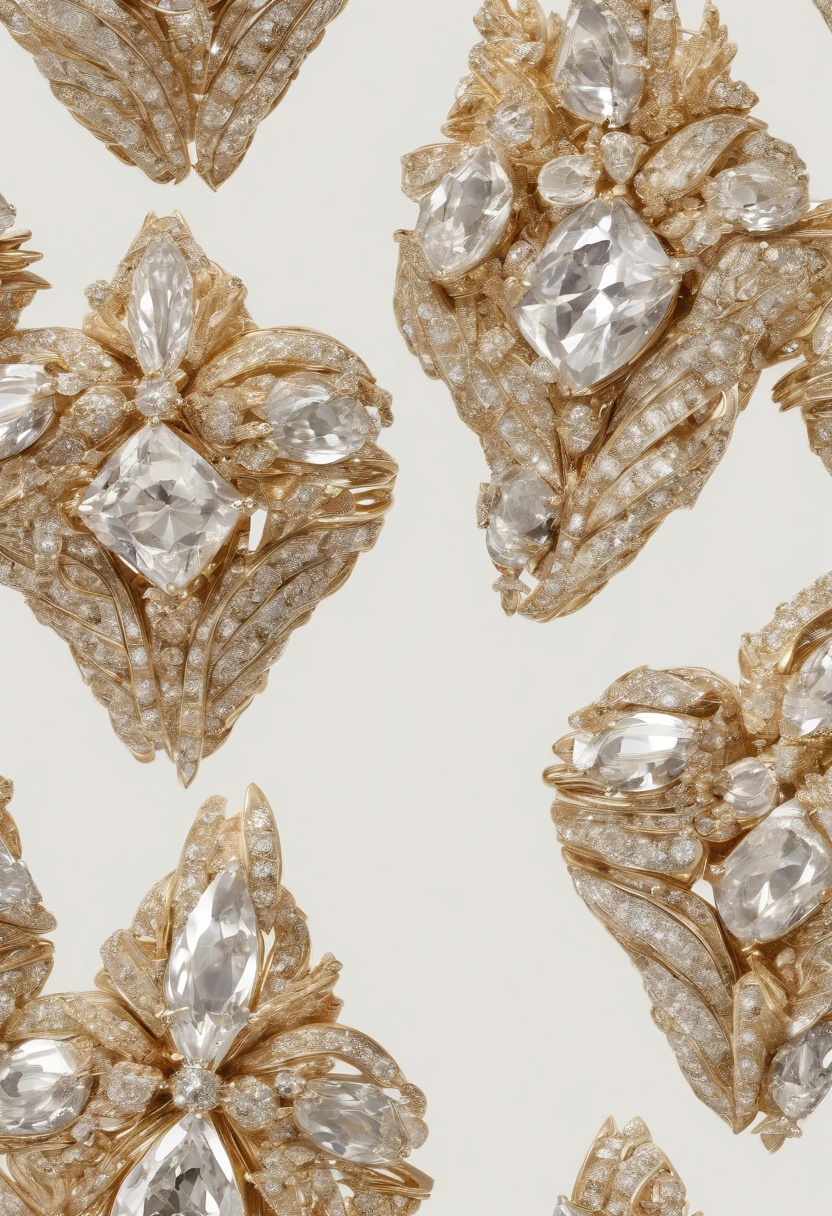 a pair of diamond earrings on white background, in the style of trompe-l'oeil folds, light brown and gold, radiant clusters, theatrical gestures, recycled, tooth wu, contrasting