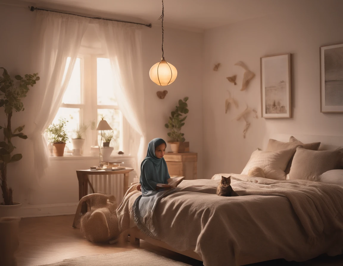 An incredibly charming little girl doing journaling book, wearing hijab, accompanied by her adorable cat, surrounded by beautiful bedroom decoration, warm light. The illustration is in high definition at 4k resolution, with highly-detailed facial features and cartoon-style visuals
