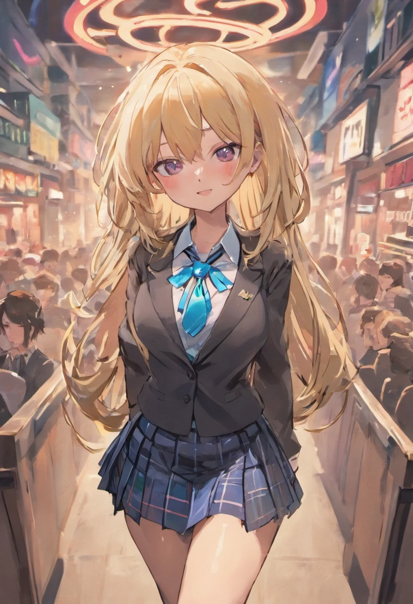 Full body, 1girl in, Bangs, Black Choker, black necktie, Black hair, Blue skirt, blush, 手链, breasts, Choker, clothes around waist, 鎖骨, Collared shirt, dress shirts, ear piercings, eyebrows visible through hair, Gradient Hair, grin, gals, Jewelry, Kogal, Long hair, Looking at Viewer, loose necktie, neck tie, Piercing, Plaid, plaid skirts, Pleated skirt, Red Eyes, Ring, School uniform, Shirt, Skirt, Smile, Solo, White shirt, Street, skyporn, cherryblossom, flower petals, (magazine:1.3), (cover-style:1.3), Fashionable, Woman, Vibrant, outfit, Posing, front, Colorful, Dynamic, Background, element。, which are full of confidence, expression, Holding, statement, accessory, An majestic, coiled, Around, Touch, Scene, Text, cover, Bold, captures the attention, Titles, Stylish, Font, Catchy, headline, Larger, striking, Trendy, Focus, Fashion, Blonde hair, Very long hair, Halo, Hair Bow, Smile, longeyelashes, Cowboy Shot, Illustration, Modern, letterbox, One-person viewpoint, surrealism, masutepiece, Best Quality, nffsw, hight resolution, Anatomically correct, Textured skin, Super Detail, high details, retinas, masutepiece, ccurate, 4K