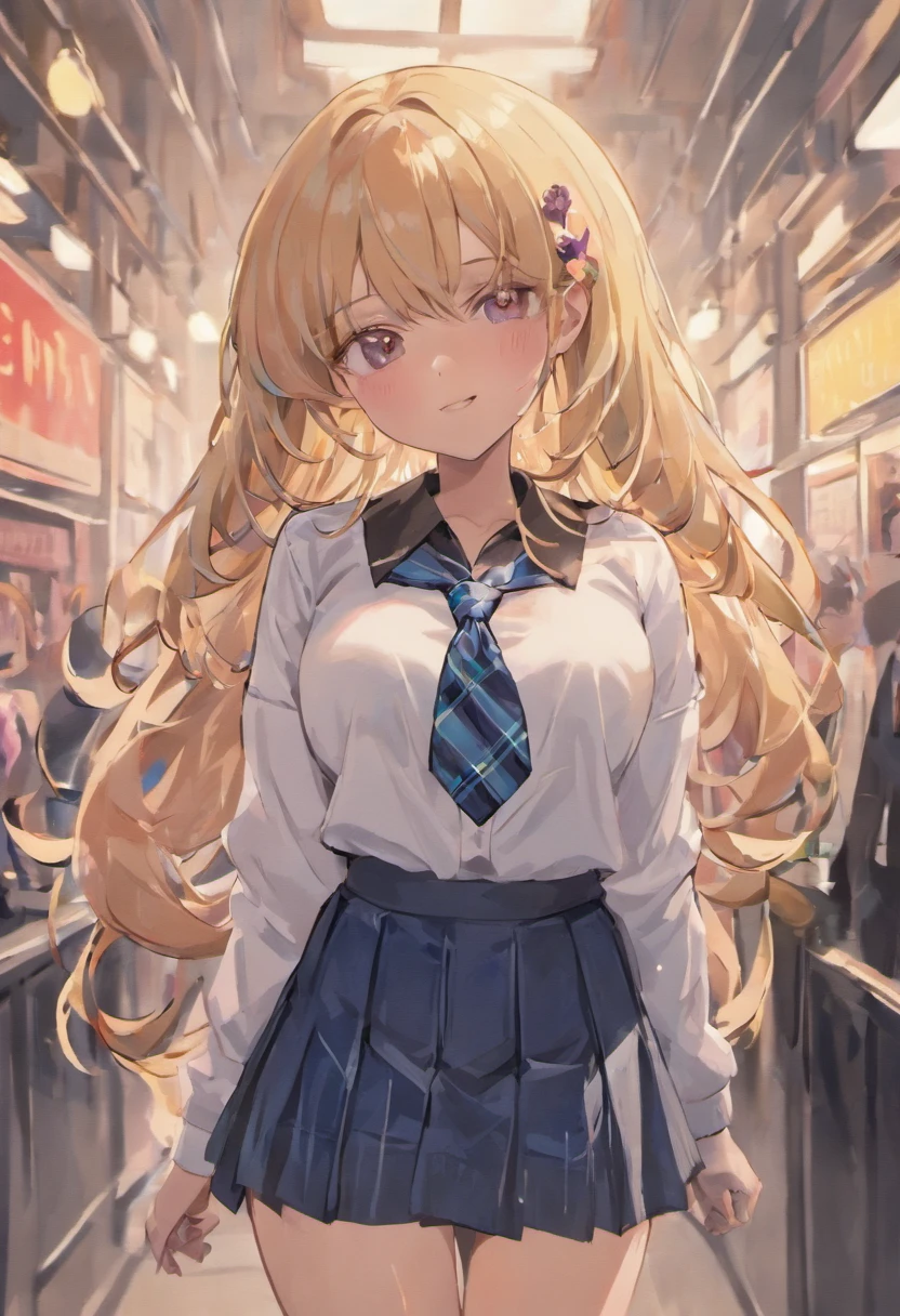 Full body, 1girl in, Bangs, Black Choker, black necktie, Black hair, Blue skirt, blush, 手链, breasts, Choker, clothes around waist, 鎖骨, Collared shirt, dress shirts, ear piercings, eyebrows visible through hair, Gradient Hair, grin, gals, Jewelry, Kogal, Long hair, Looking at Viewer, loose necktie, neck tie, Piercing, Plaid, plaid skirts, Pleated skirt, Red Eyes, Ring, School uniform, Shirt, Skirt, Smile, Solo, White shirt, Street, skyporn, cherryblossom, flower petals, (magazine:1.3), (cover-style:1.3), Fashionable, Woman, Vibrant, outfit, Posing, front, Colorful, Dynamic, Background, element。, which are full of confidence, expression, Holding, statement, accessory, An majestic, coiled, Around, Touch, Scene, Text, cover, Bold, captures the attention, Titles, Stylish, Font, Catchy, headline, Larger, striking, Trendy, Focus, Fashion, Blonde hair, Very long hair, Halo, Hair Bow, Smile, longeyelashes, Cowboy Shot, Illustration, Modern, letterbox, One-person viewpoint, surrealism, masutepiece, Best Quality, nffsw, hight resolution, Anatomically correct, Textured skin, Super Detail, high details, retinas, masutepiece, ccurate, 4K