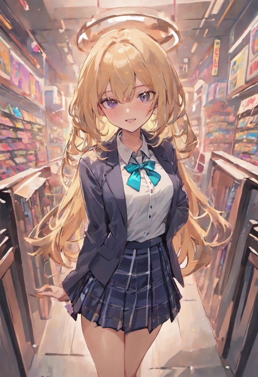 Full body, 1girl in, Bangs, Black Choker, black necktie, Black hair, Blue skirt, blush, 手链, breasts, Choker, clothes around waist, 鎖骨, Collared shirt, dress shirts, ear piercings, eyebrows visible through hair, Gradient Hair, grin, gals, Jewelry, Kogal, Long hair, Looking at Viewer, loose necktie, neck tie, Piercing, Plaid, plaid skirts, Pleated skirt, Red Eyes, Ring, School uniform, Shirt, Skirt, Smile, Solo, White shirt, Street, skyporn, cherryblossom, flower petals, (magazine:1.3), (cover-style:1.3), Fashionable, Woman, Vibrant, outfit, Posing, front, Colorful, Dynamic, Background, element。, which are full of confidence, expression, Holding, statement, accessory, An majestic, coiled, Around, Touch, Scene, Text, cover, Bold, captures the attention, Titles, Stylish, Font, Catchy, headline, Larger, striking, Trendy, Focus, Fashion, Blonde hair, Very long hair, Halo, Hair Bow, Smile, longeyelashes, Cowboy Shot, Illustration, Modern, letterbox, One-person viewpoint, surrealism, masutepiece, Best Quality, nffsw, hight resolution, Anatomically correct, Textured skin, Super Detail, high details, retinas, masutepiece, ccurate, 4K